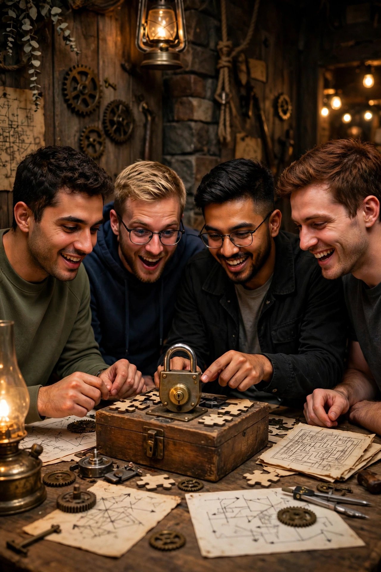 Bachelor party crew enjoying Escape Room Face-Off with the groom