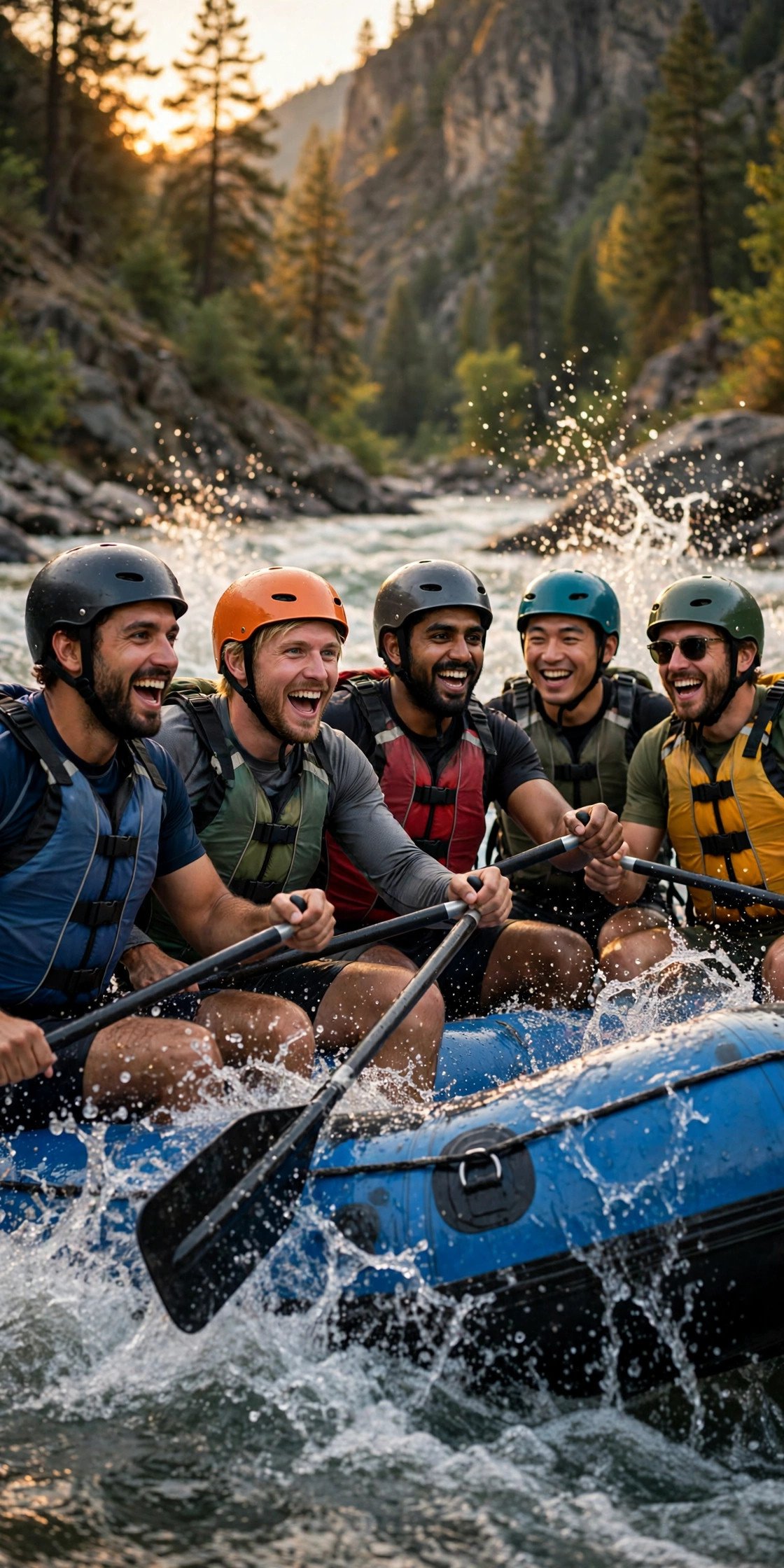 Bachelor party crew enjoying Whitewater Rafting Adventure with the groom