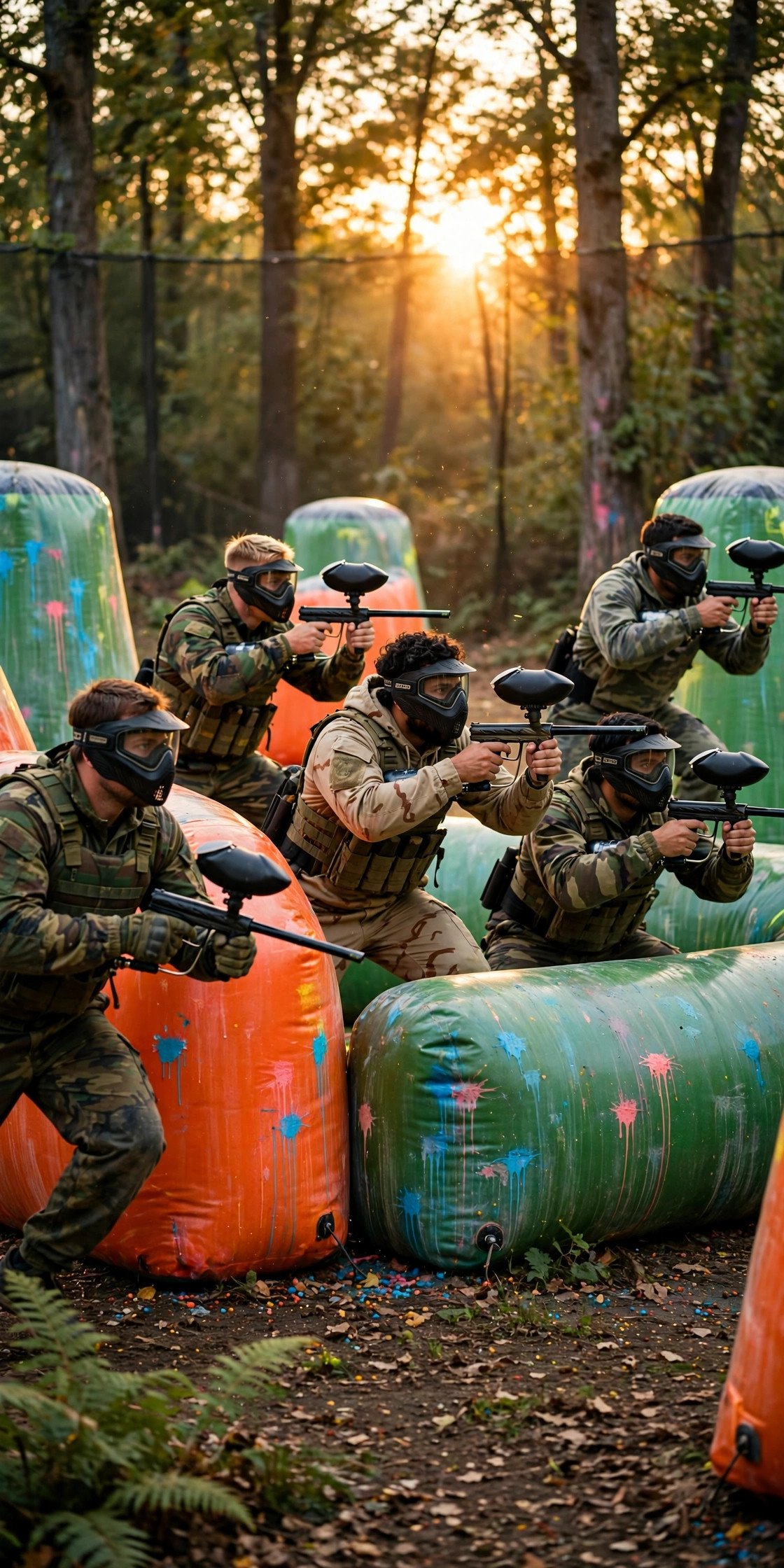 Bachelor party crew enjoying Paintball Showdown with the groom
