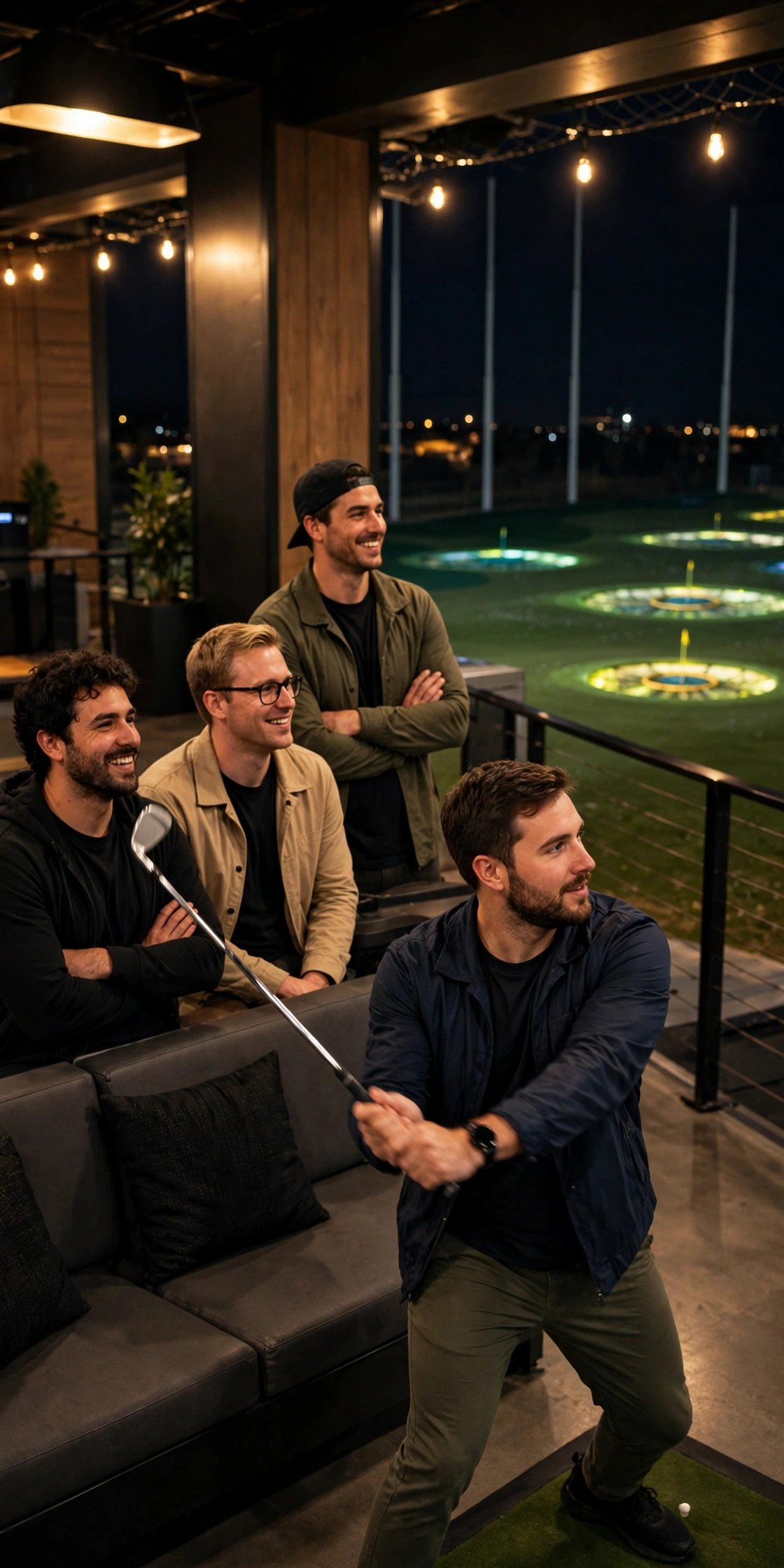 Bachelor party crew enjoying Topgolf Showdown Night with the groom
