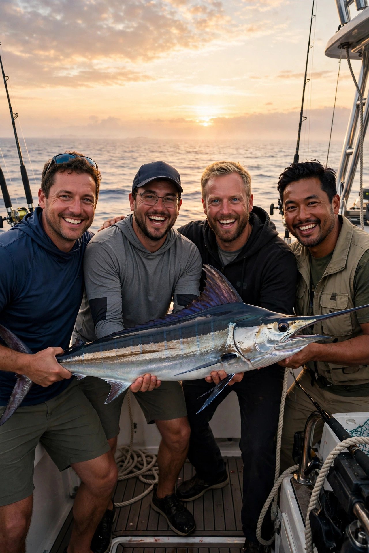 Bachelor party crew enjoying Deep-Sea Fishing Charter with the groom