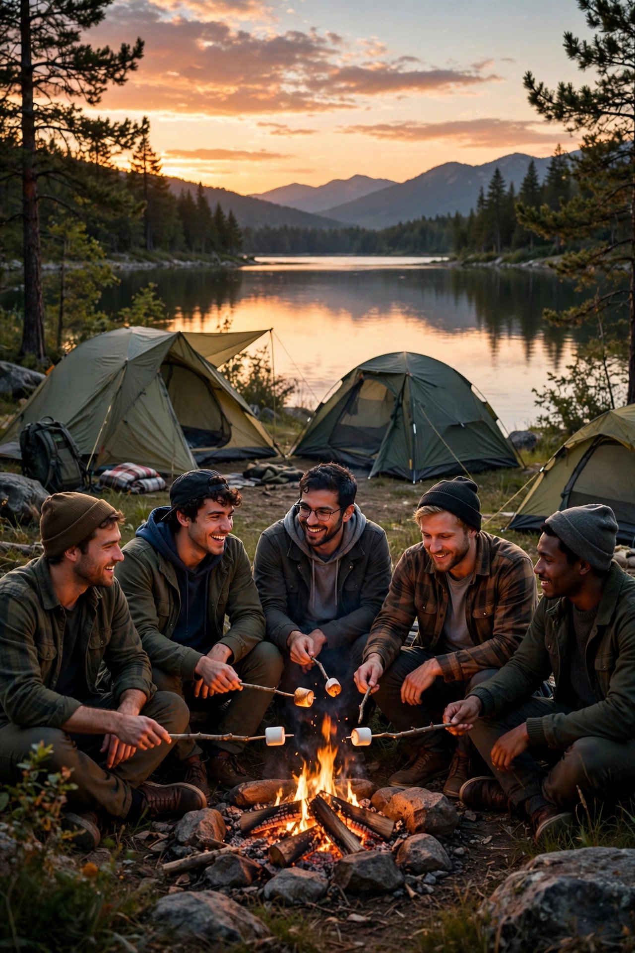 Bachelor party crew enjoying Lakeside Camping Trip with the groom