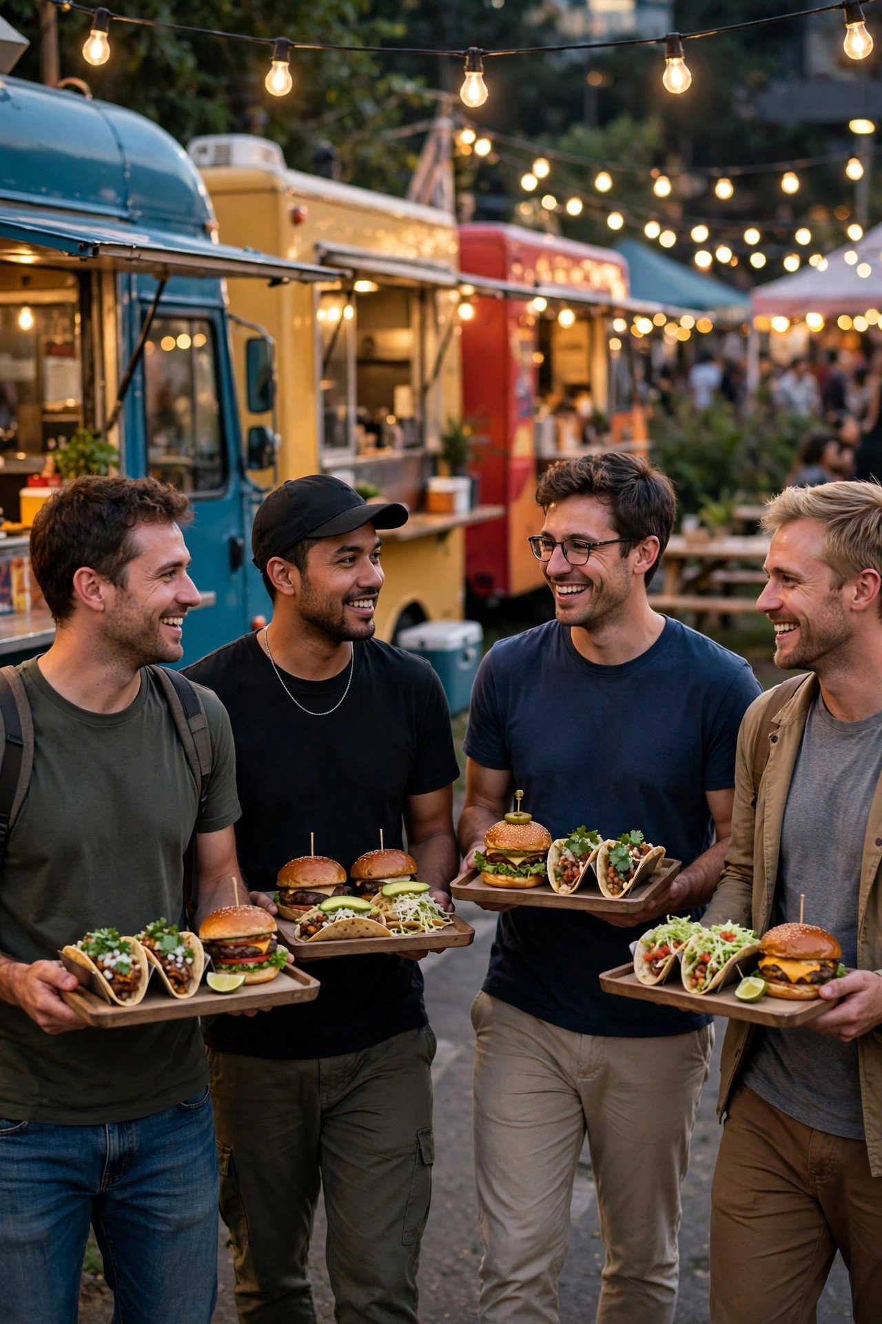 Bachelor party crew enjoying Food Truck Crawl with the groom