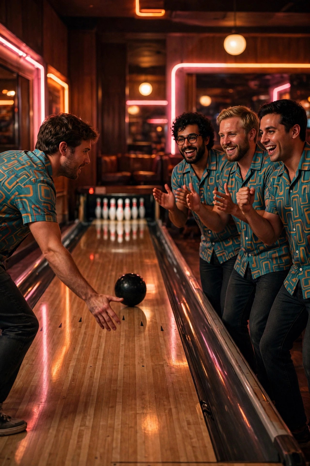 Bachelor party crew enjoying Retro Bowling Night with the groom