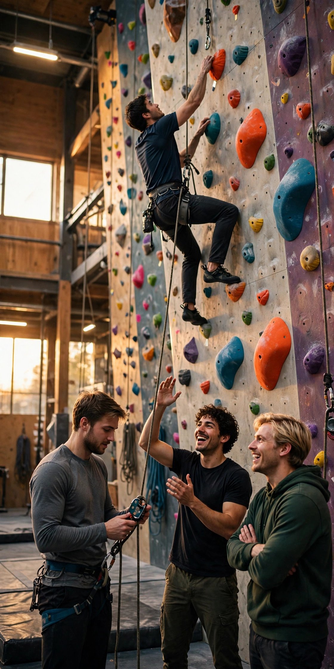 Bachelor party crew enjoying Indoor Rock Climbing with the groom