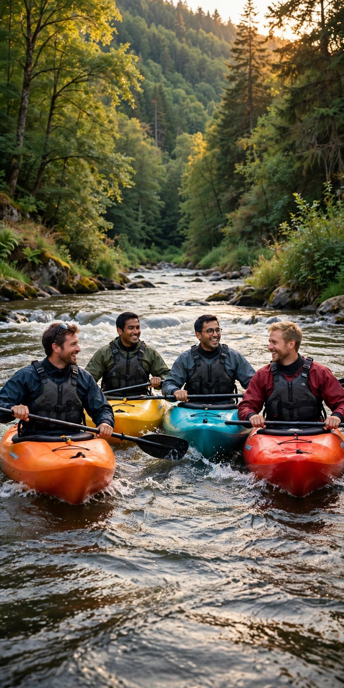 Bachelor party crew enjoying Kayak River Run with the groom