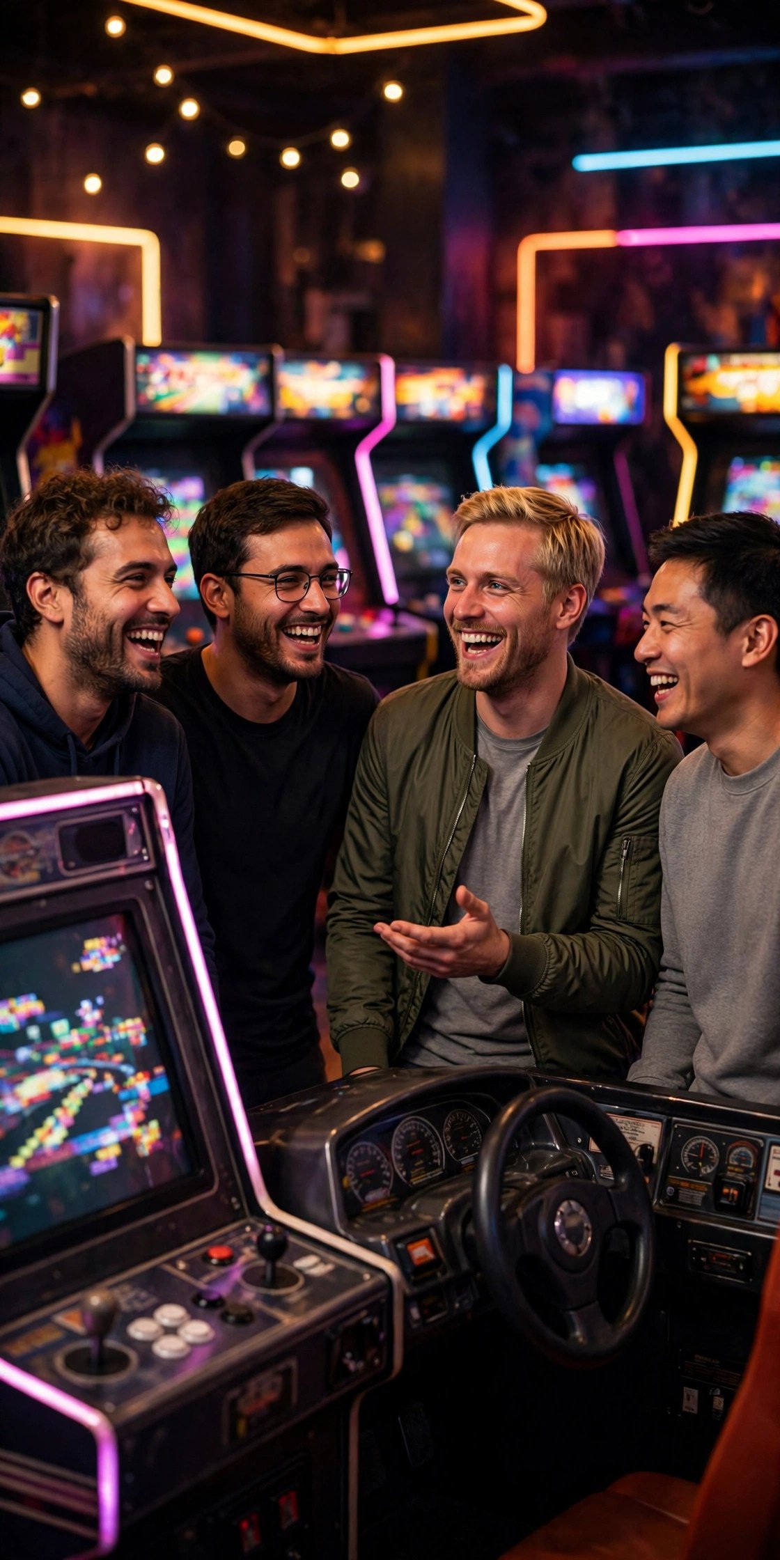 Bachelor party crew enjoying Arcade Game Night with the groom