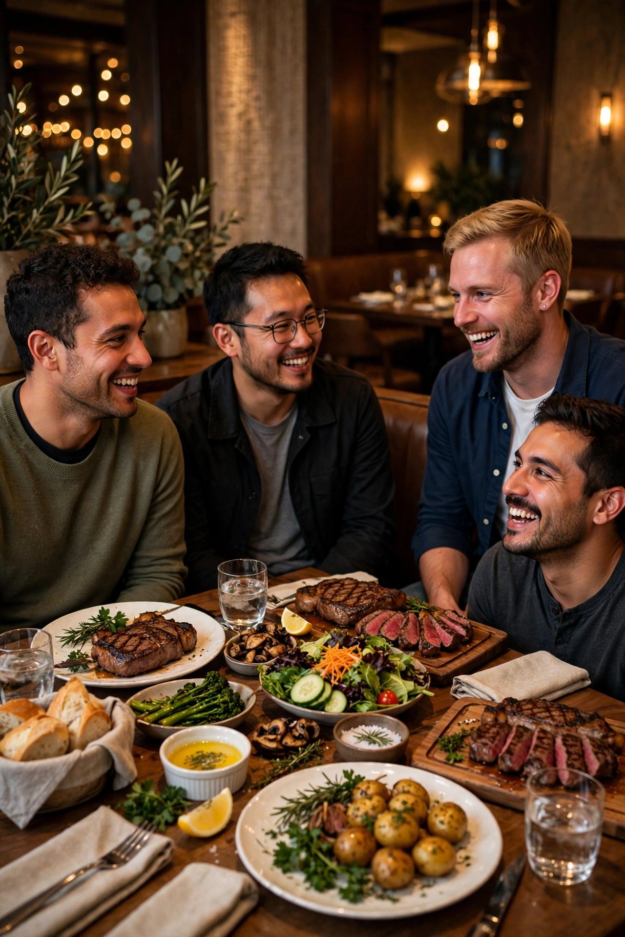 Bachelor party crew enjoying Steakhouse Feast with the groom