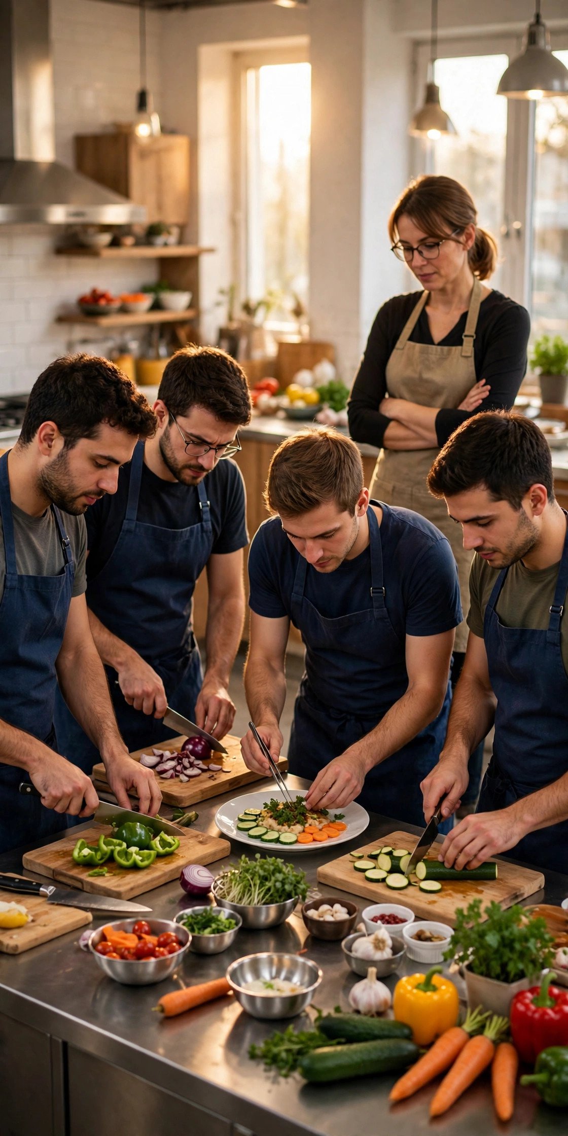 Bachelor party crew enjoying Cooking Class Showdown with the groom