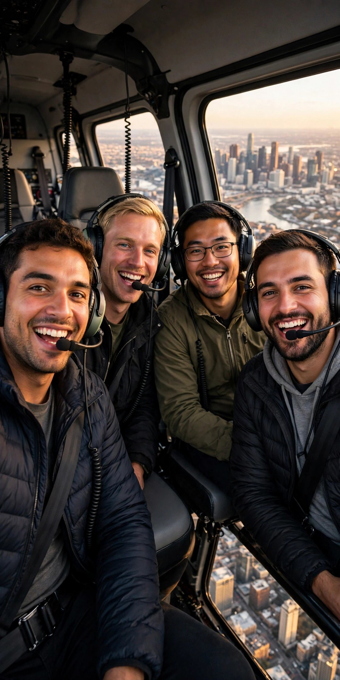 Bachelor party crew enjoying Helicopter City Tour with the groom