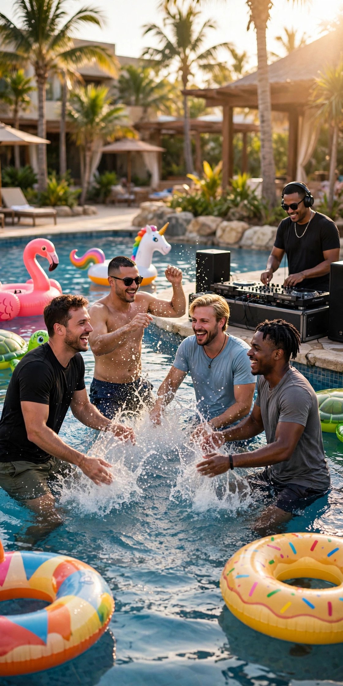 Bachelor party crew enjoying Pool Party with a DJ with the groom