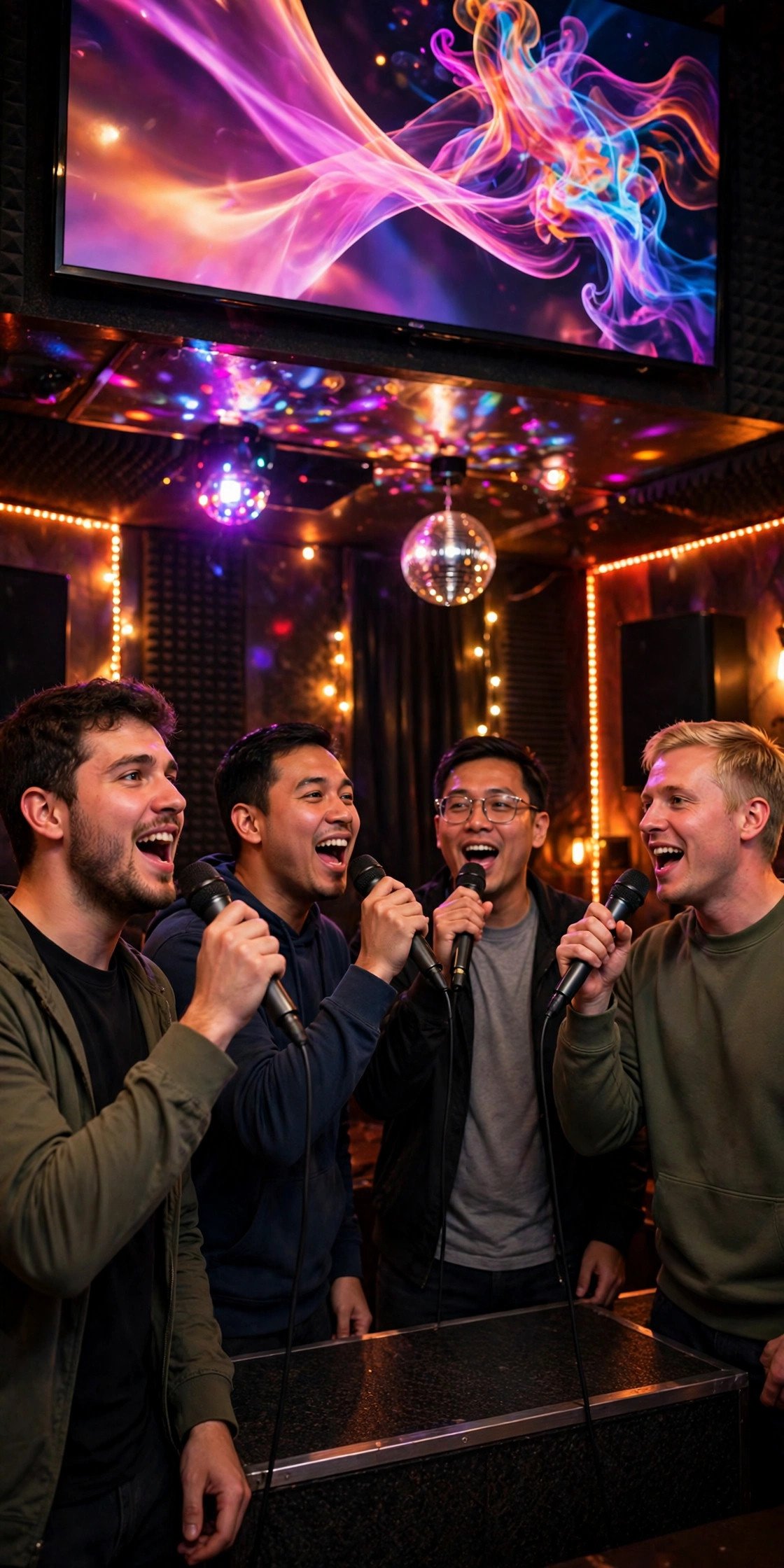 Bachelor party crew enjoying Karaoke Room Takeover with the groom