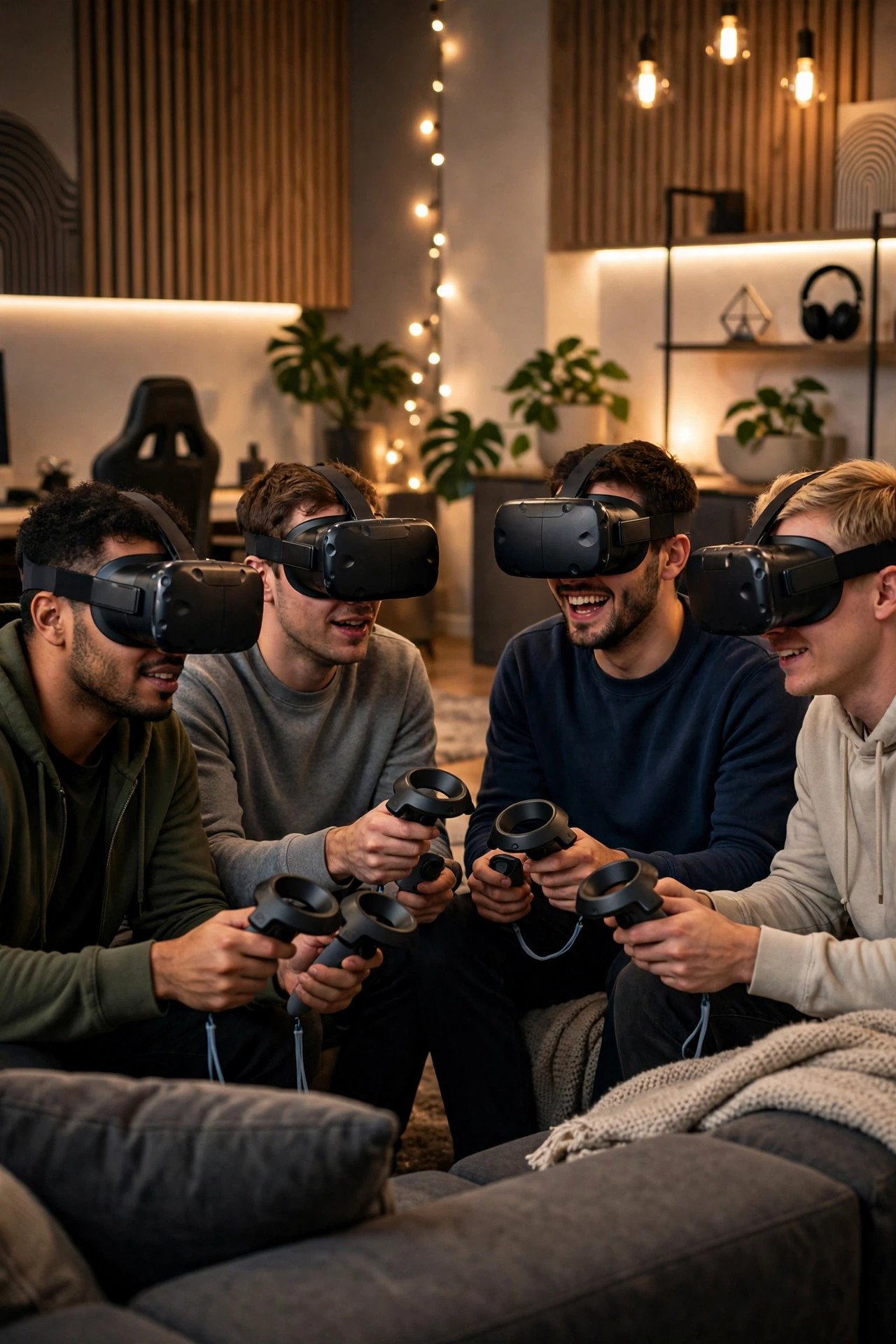 Bachelor party crew enjoying Virtual Reality Gaming Session with the groom