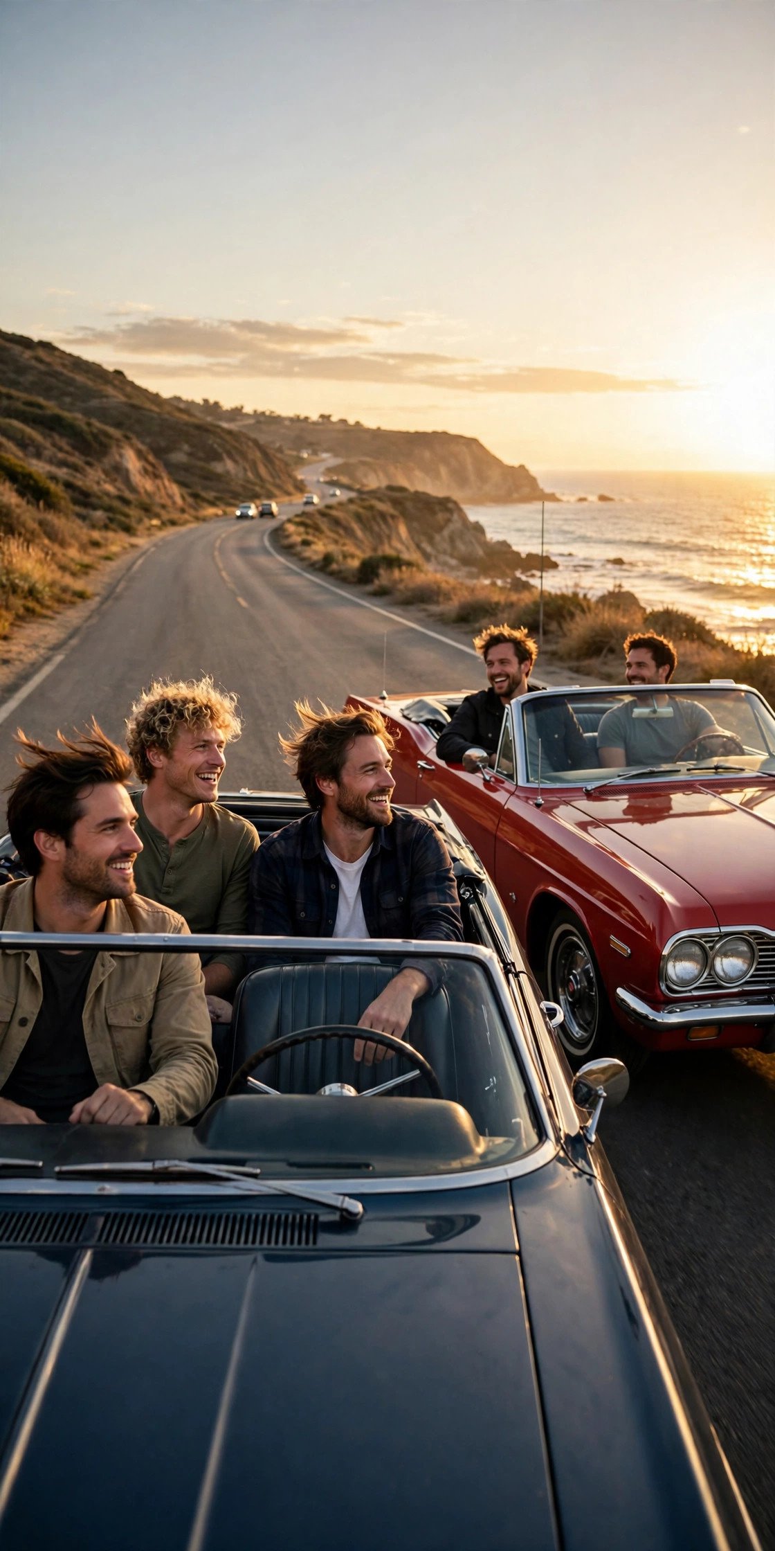 Bachelor party crew enjoying Classic Car Cruise with the groom