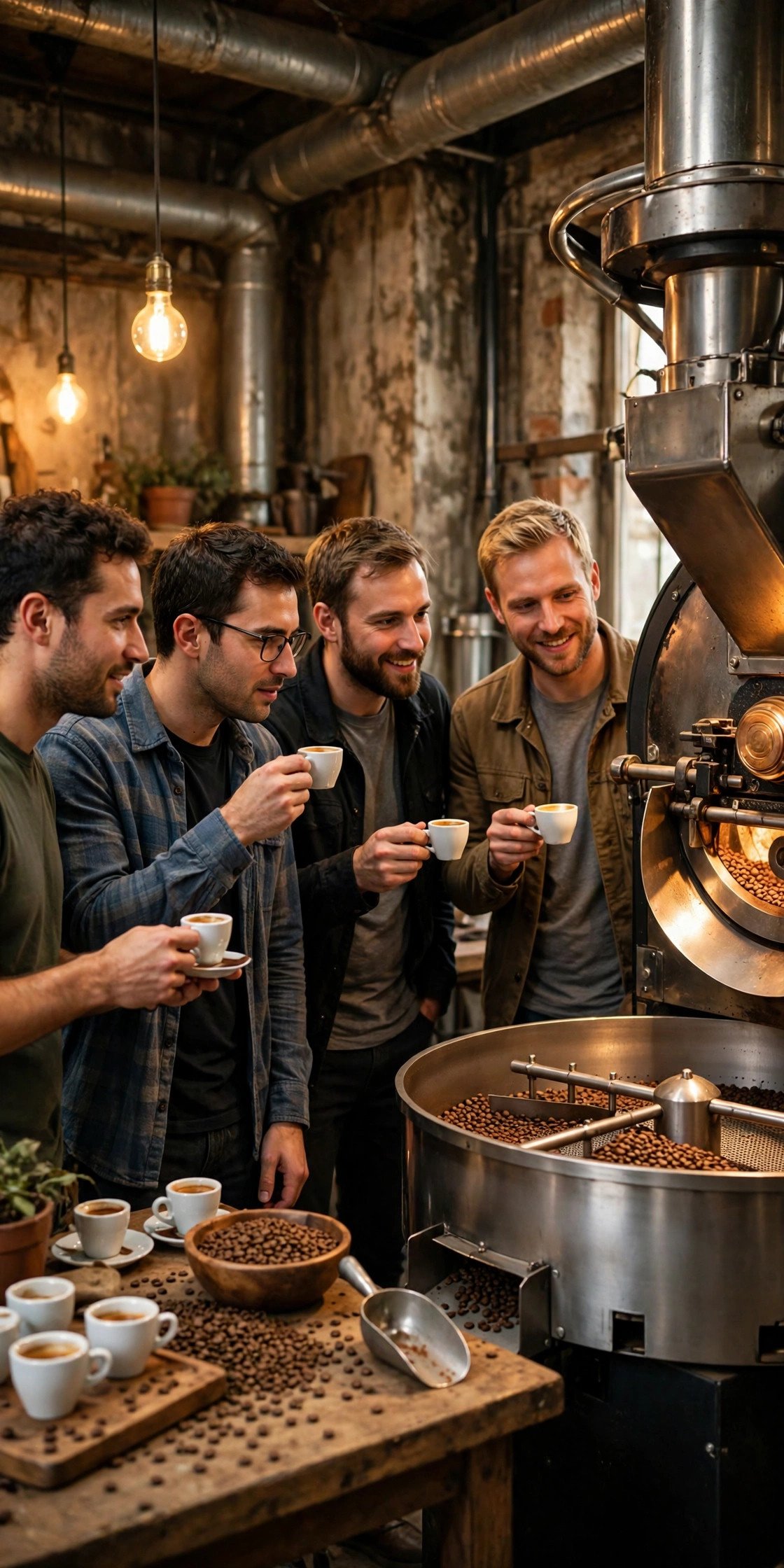 Bachelor party crew enjoying Coffee Roastery Tour & Tasting with the groom