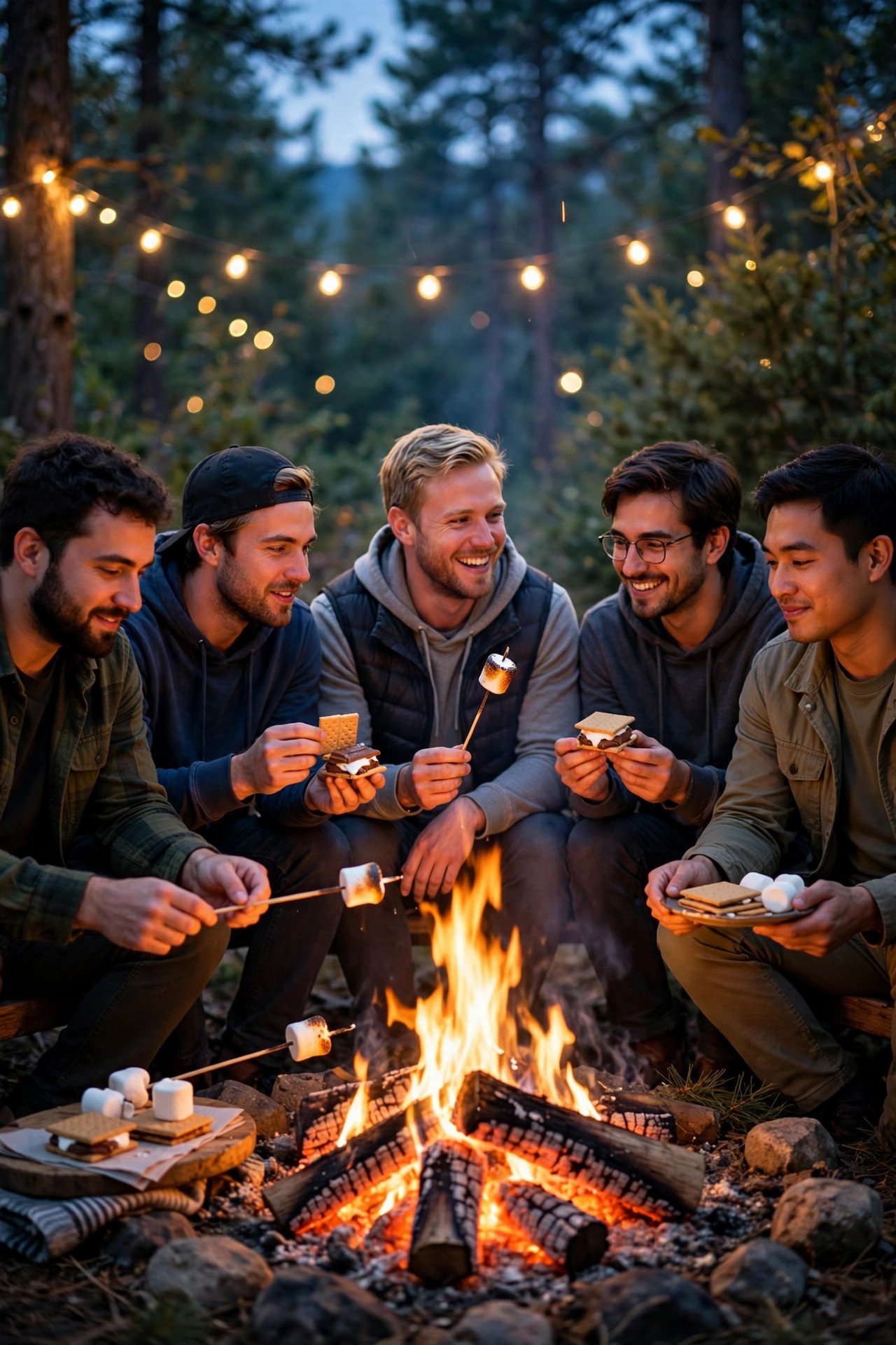 Bachelor party crew enjoying Bonfire & S'mores Send-Off with the groom