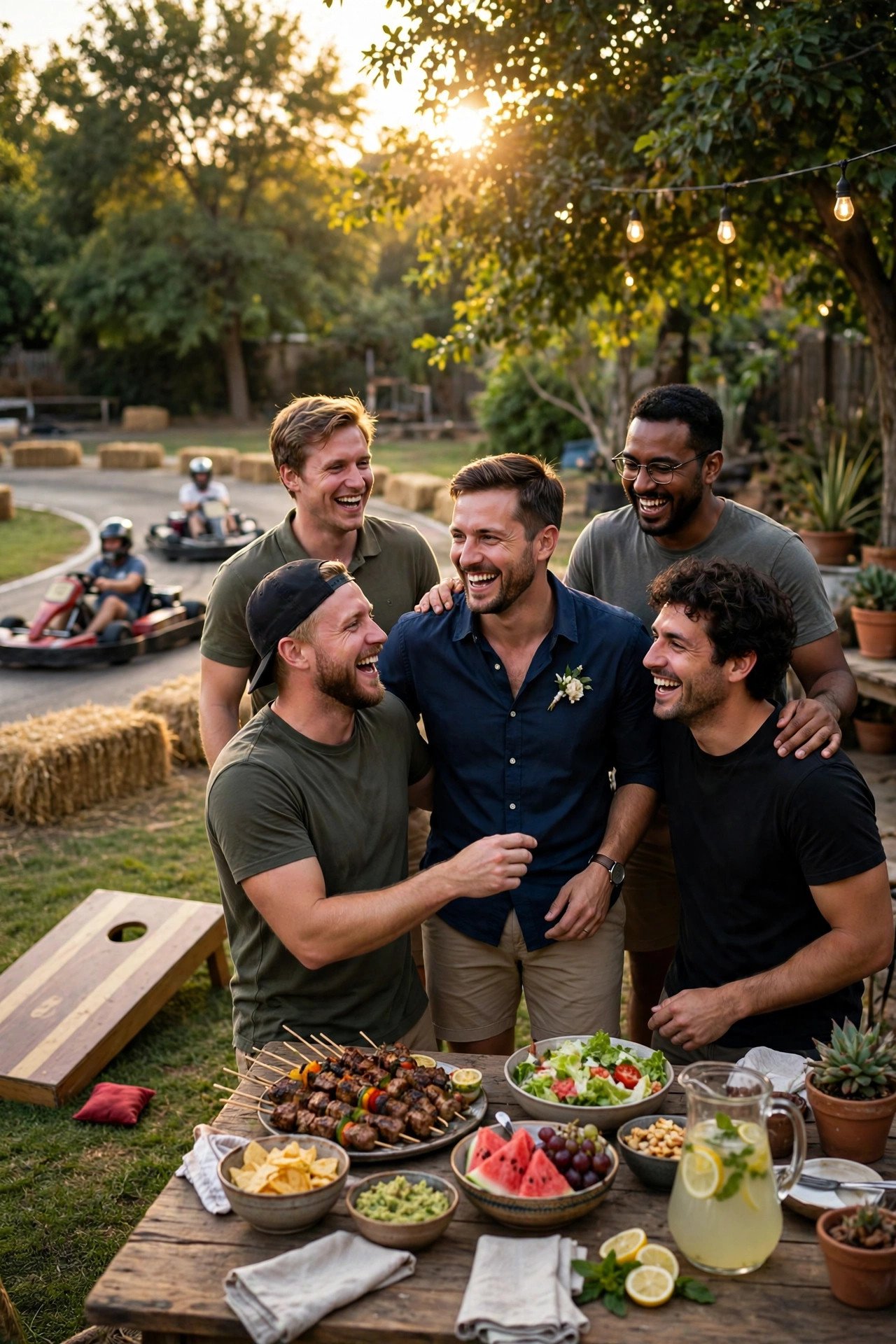 Groom and friends celebrating a bachelor party with go-karts, games and a backyard feast