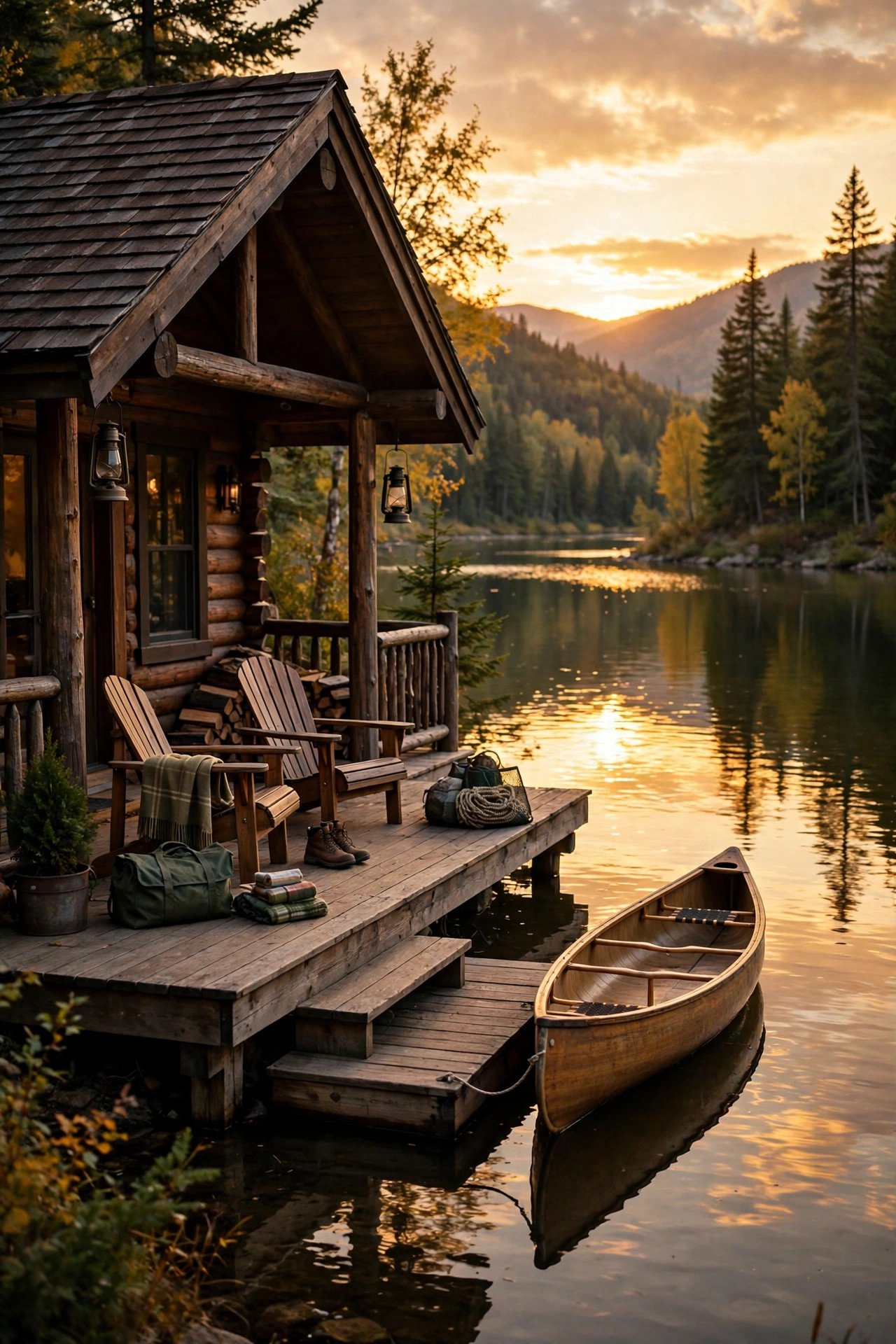 Cabin by a lake at sunset set up for a bachelor weekend getaway