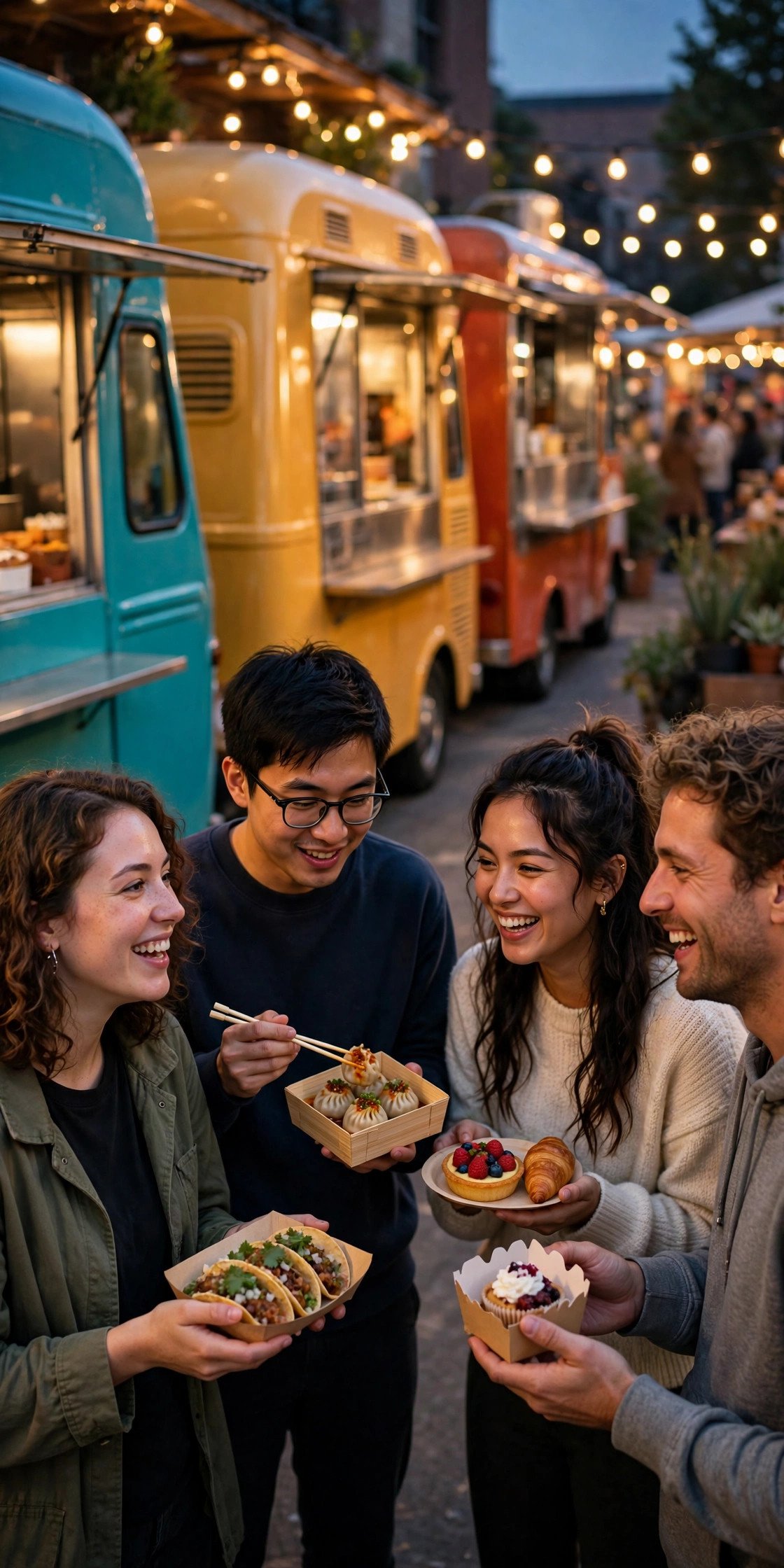 Friends enjoying a budget bachelor party: Food Truck Potluck Crawl