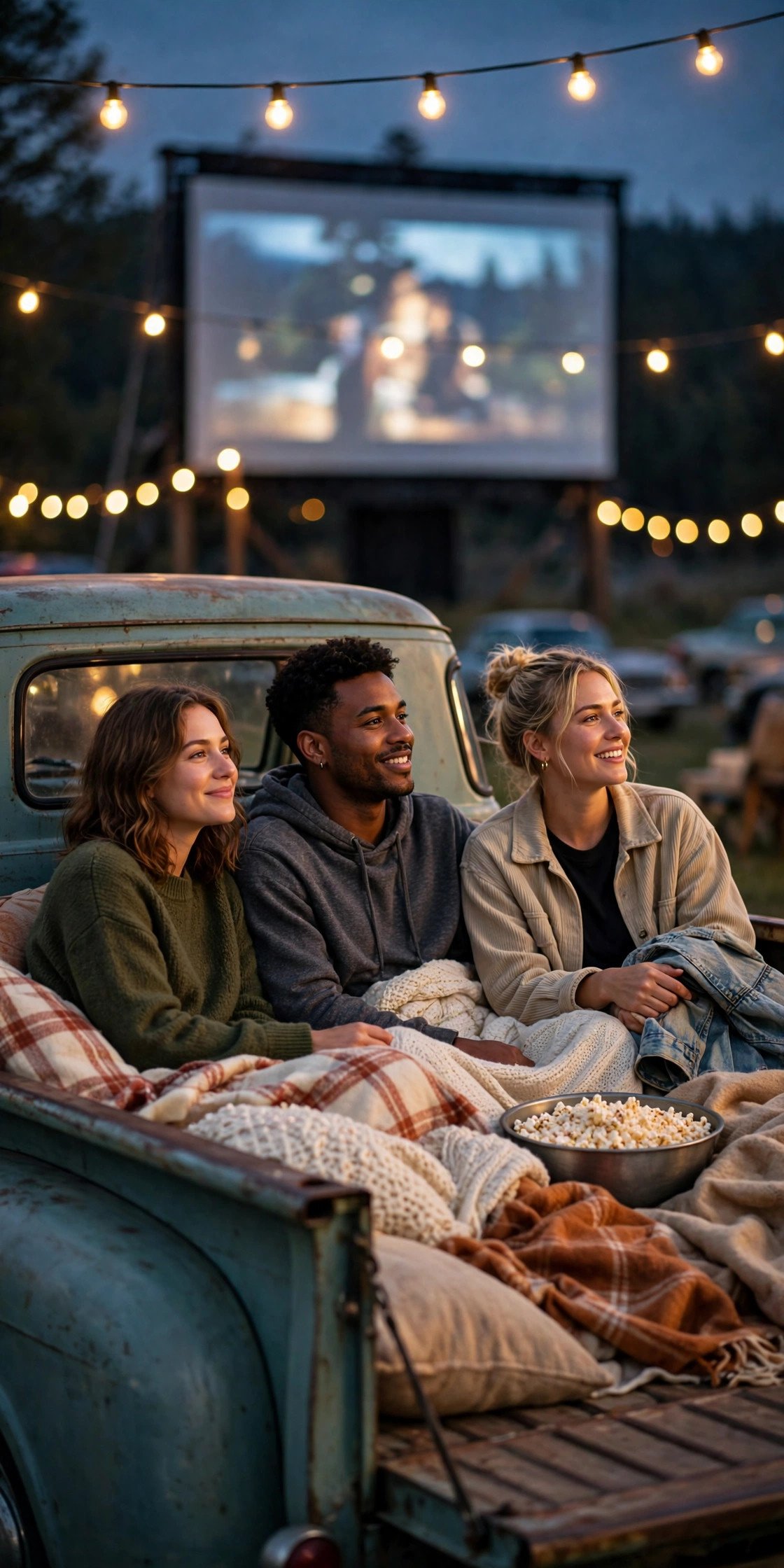 Friends enjoying a budget bachelor party: Drive-In Movie Night