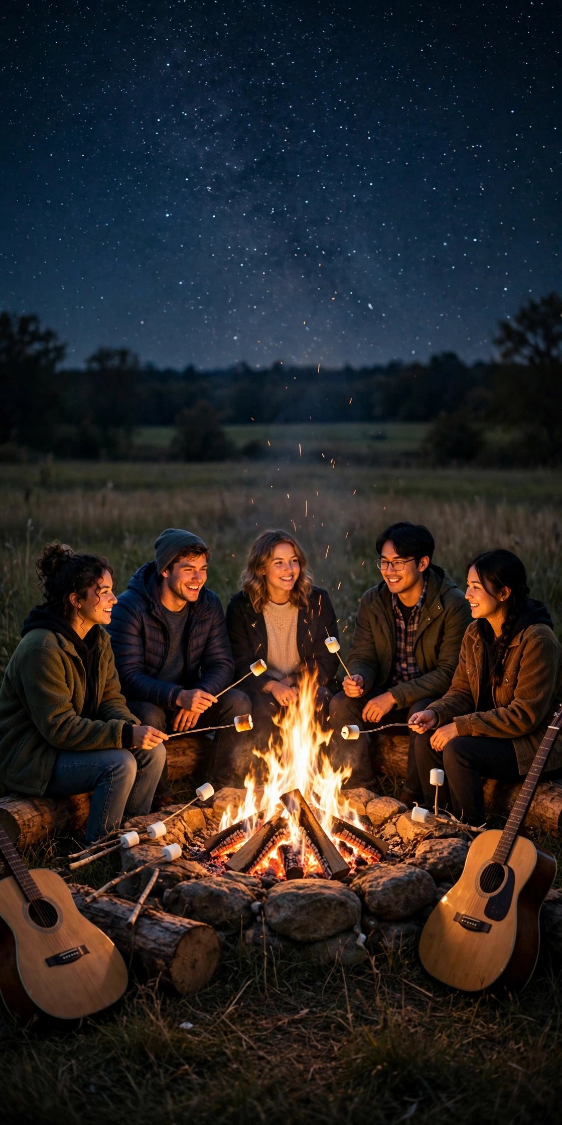 Friends enjoying a budget bachelor party: Bonfire Night on a Friend's Land