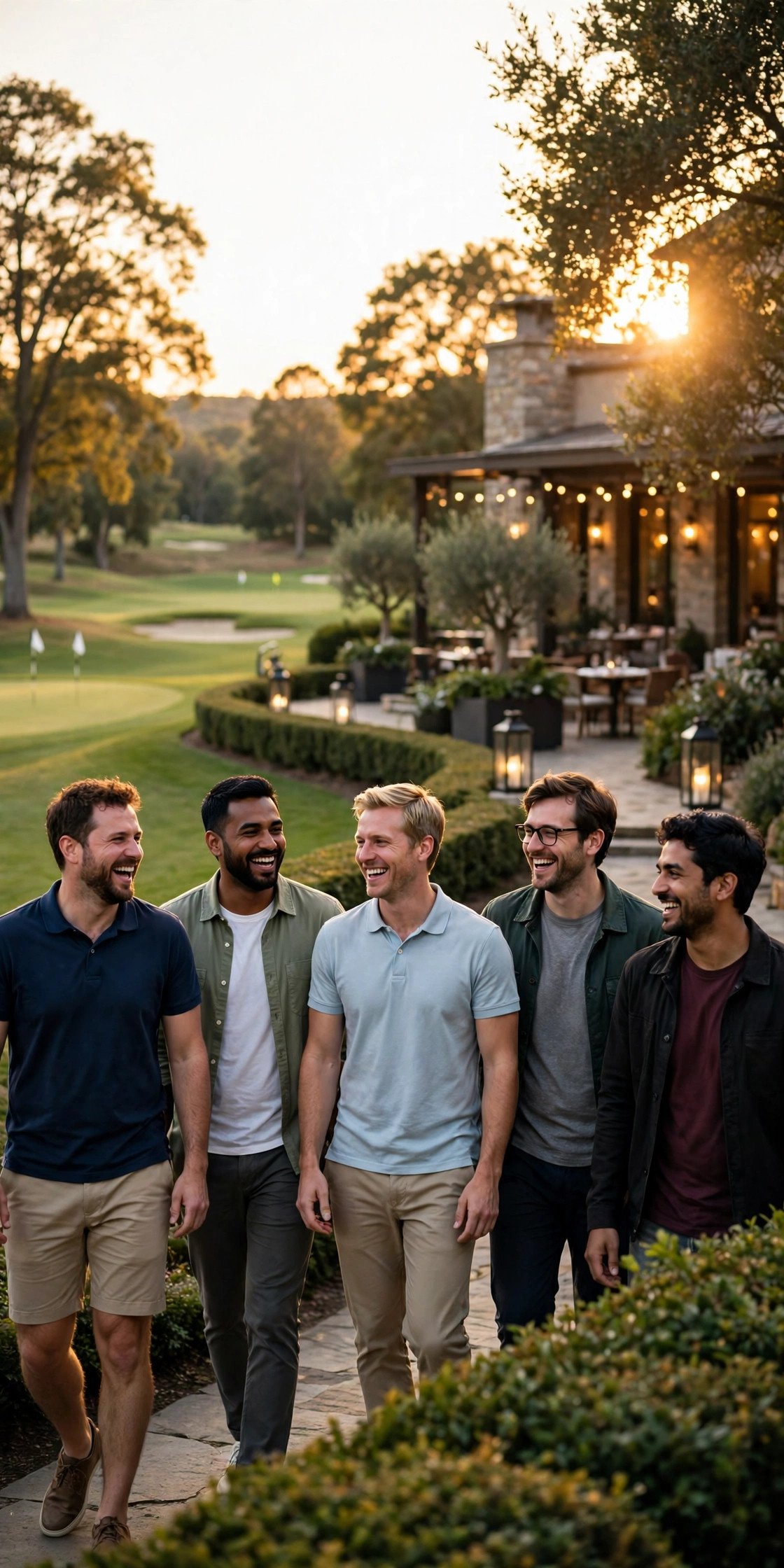 Group of friends following a bachelor party weekend itinerary with golf and dinner plans