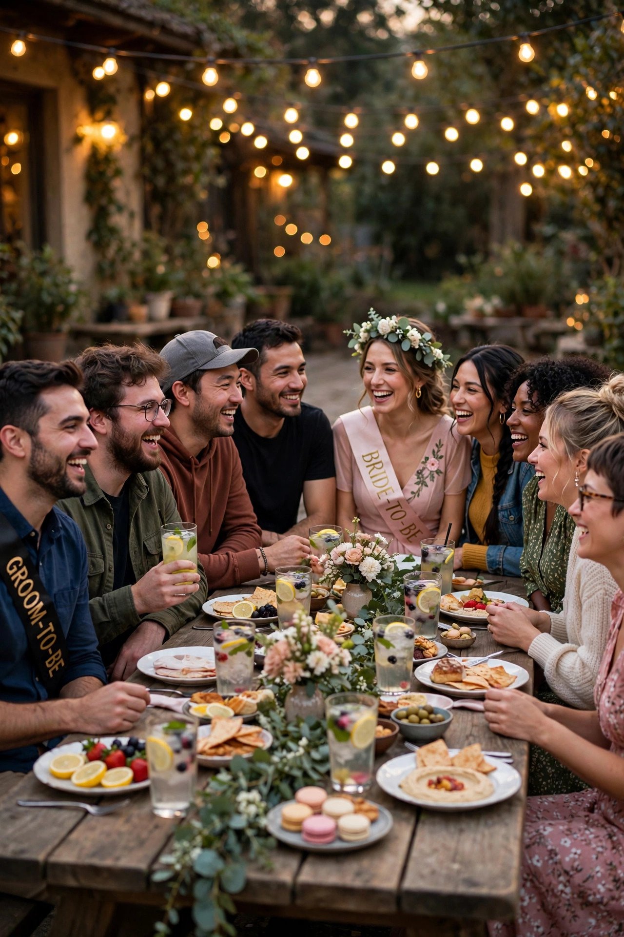 Two wedding parties celebrating together at a joint bachelor bachelorette party outdoors