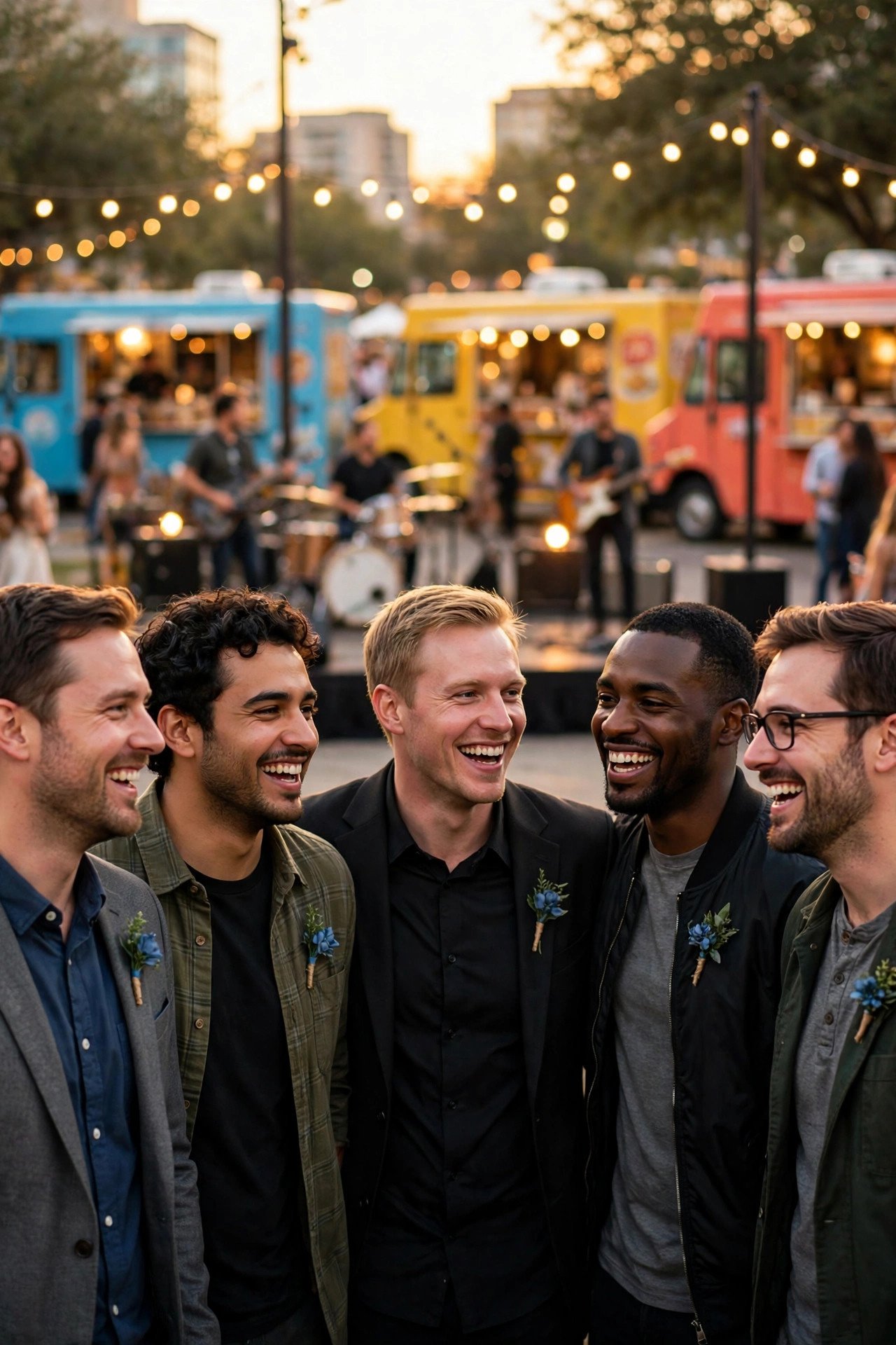 Groomsmen enjoying a bachelor party weekend in Austin Texas with live music and food trucks