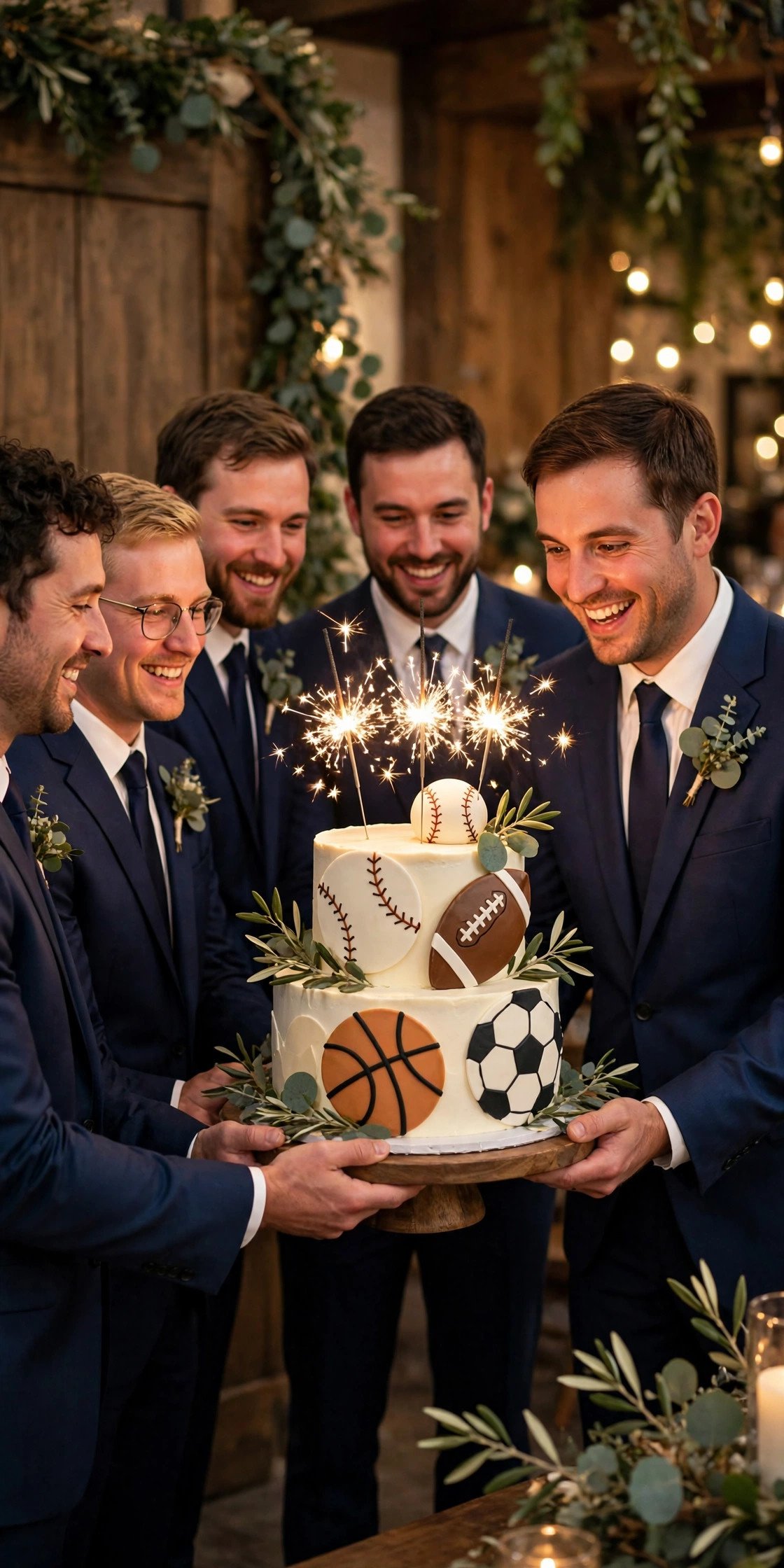 Championship Cake Moment — sports-themed bachelor party game day with friends