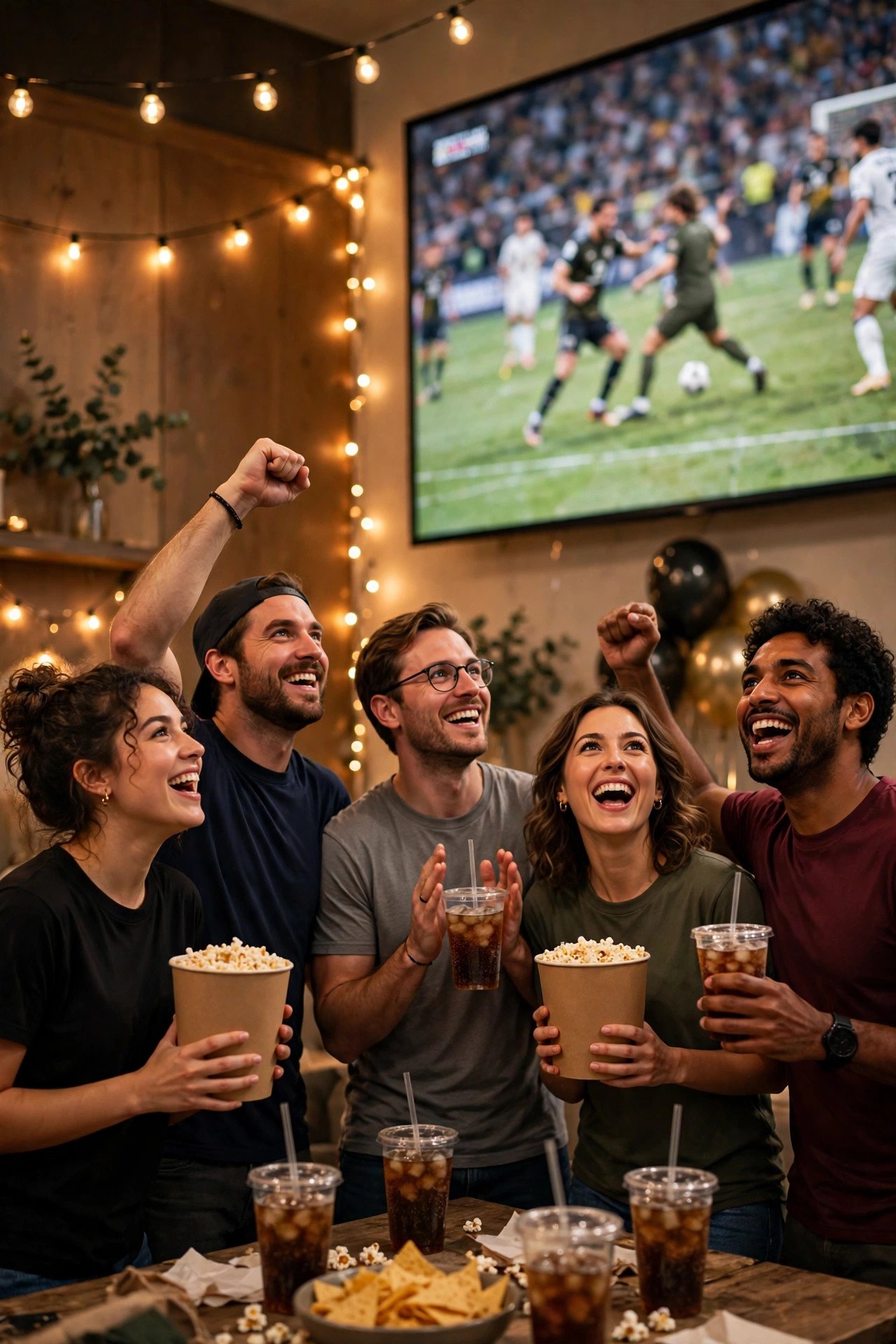 Friends at a sports bachelor party with jerseys and a big game on screen