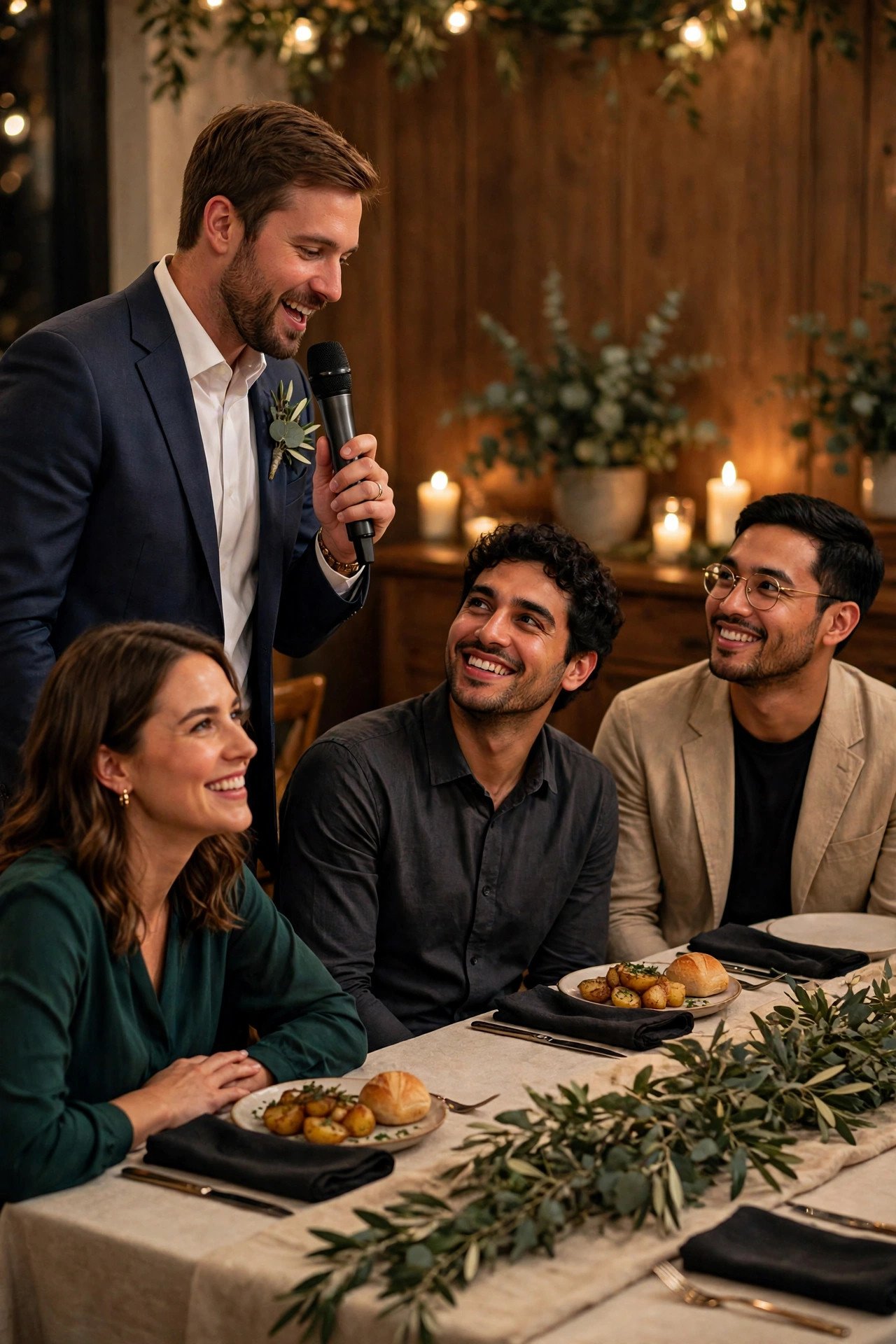 Best man delivering a heartfelt speech at a bachelor party dinner