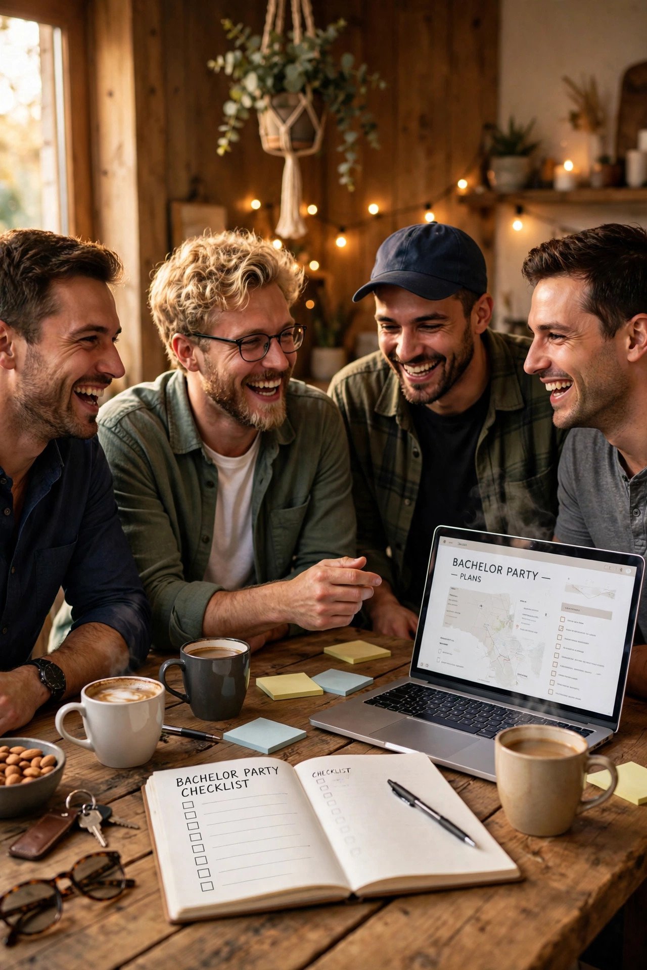 Groomsmen planning a bachelor party together around a table with a checklist