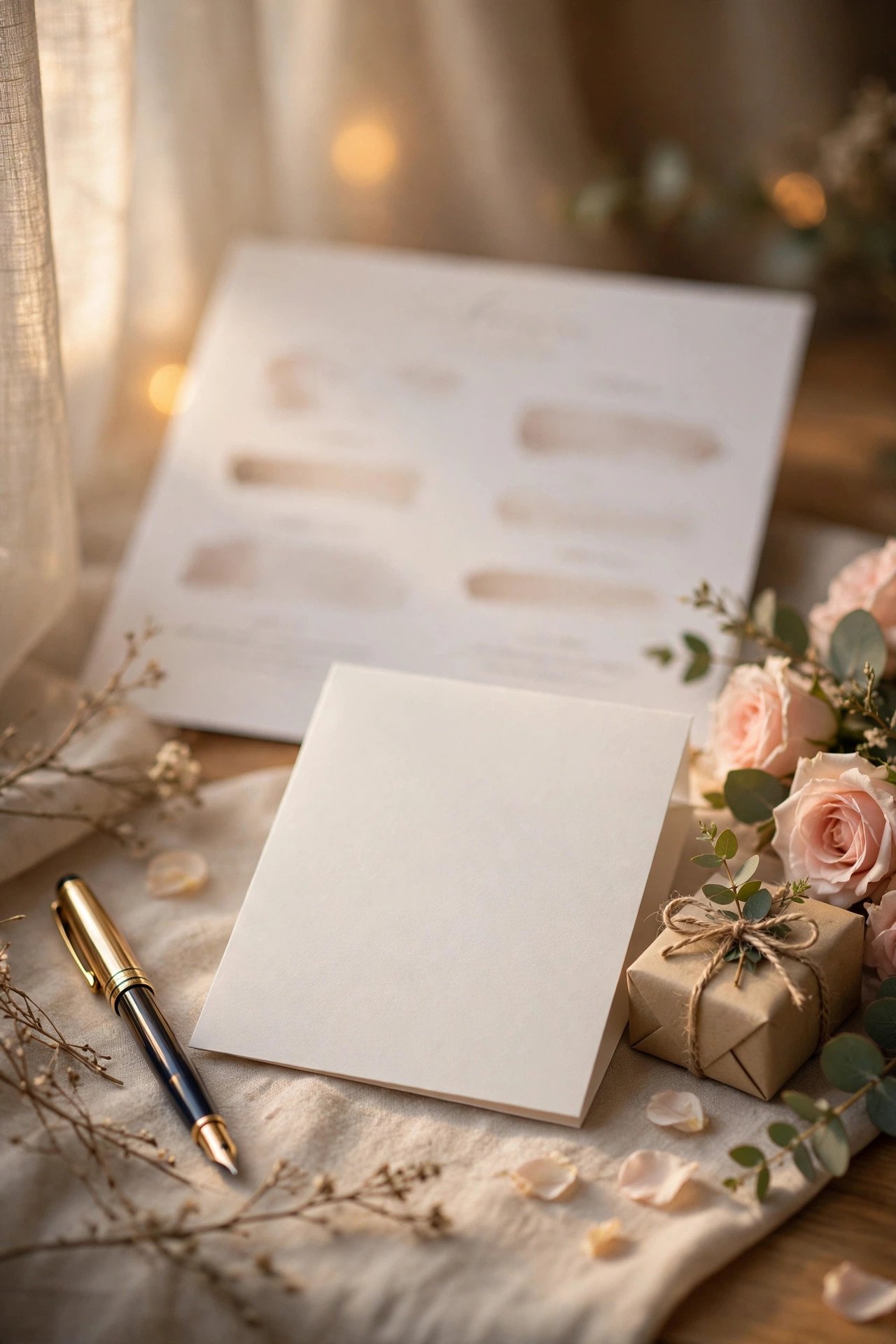 Printed wedding gift amount chart on a desk beside a pen and wedding card