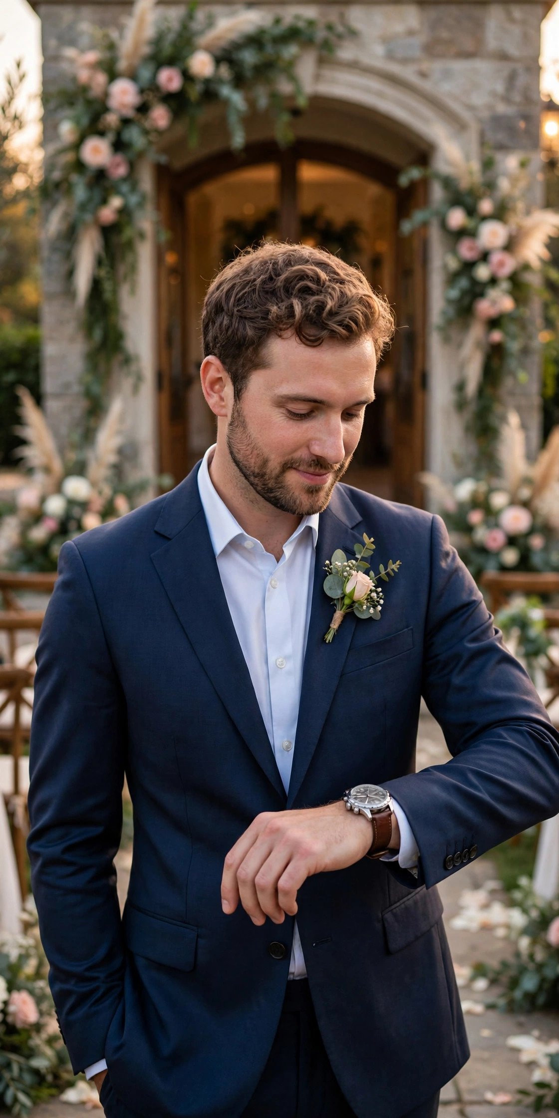 Wedding guest checking a watch while arriving early at a ceremony venue