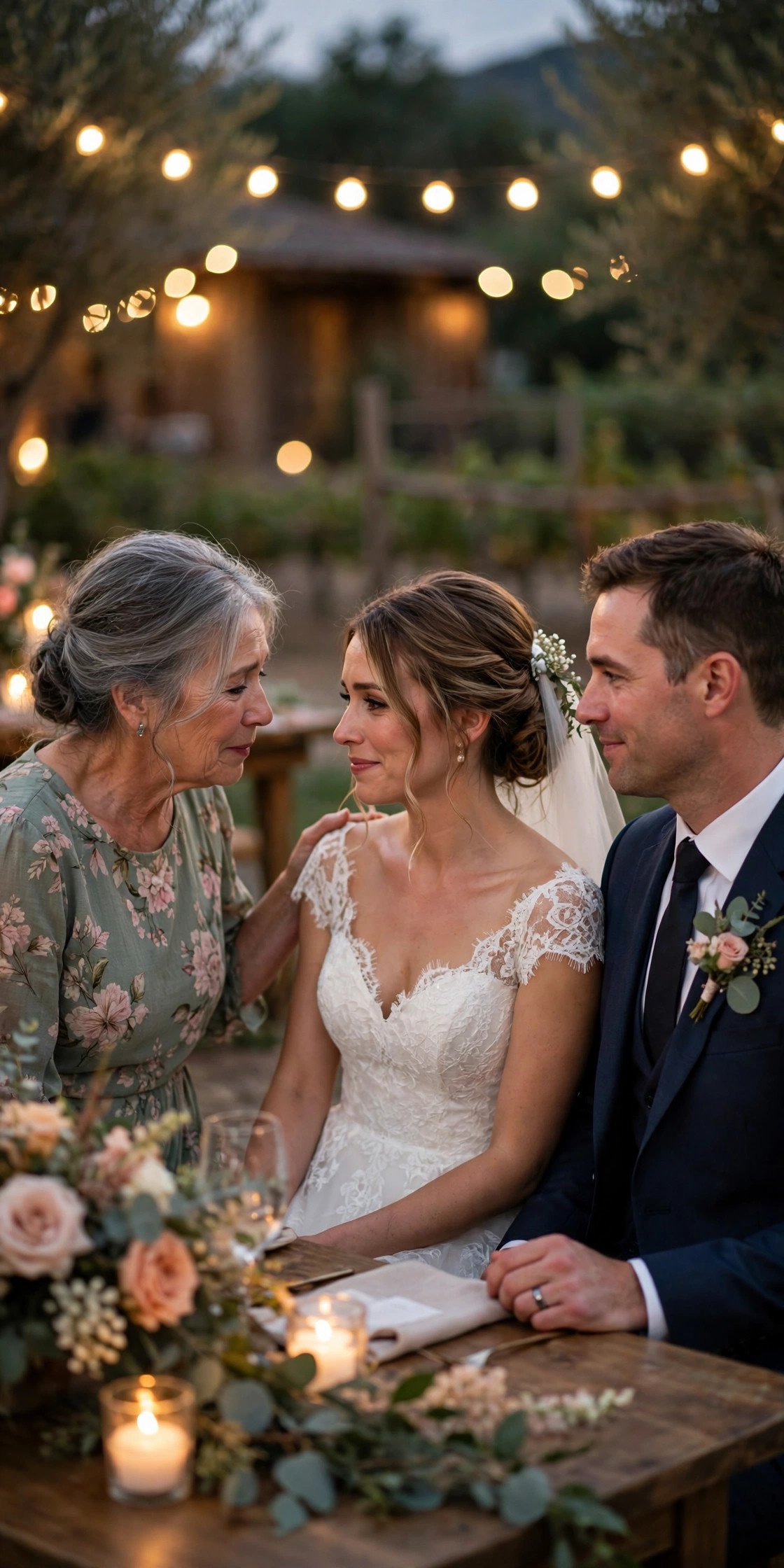 Wedding guest quietly saying goodbye to the couple during a warm evening reception