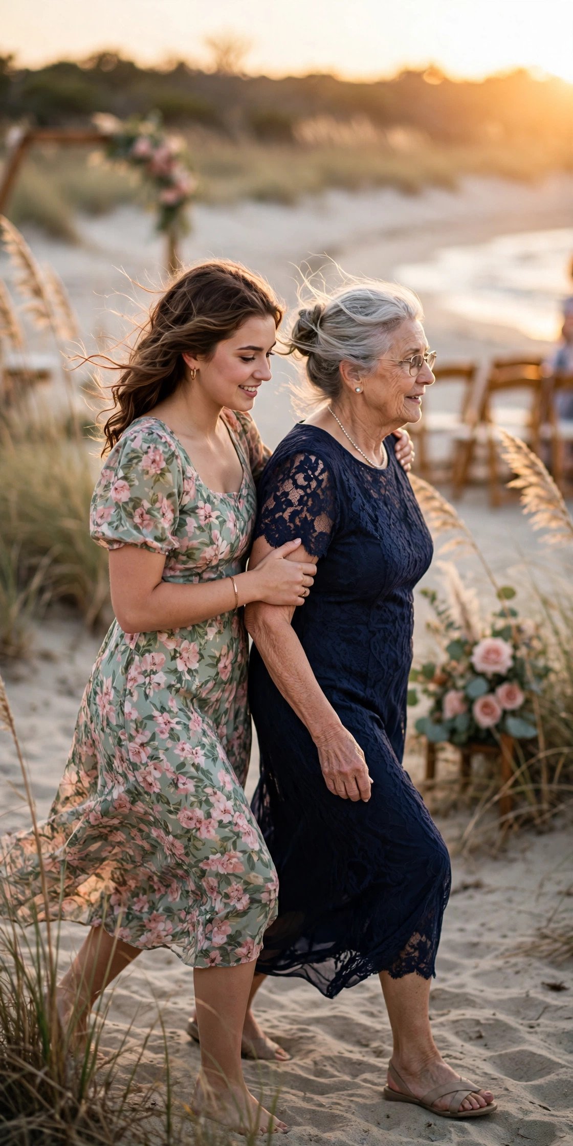 Help Older Guests Across Sand — wedding guest etiquette illustrated