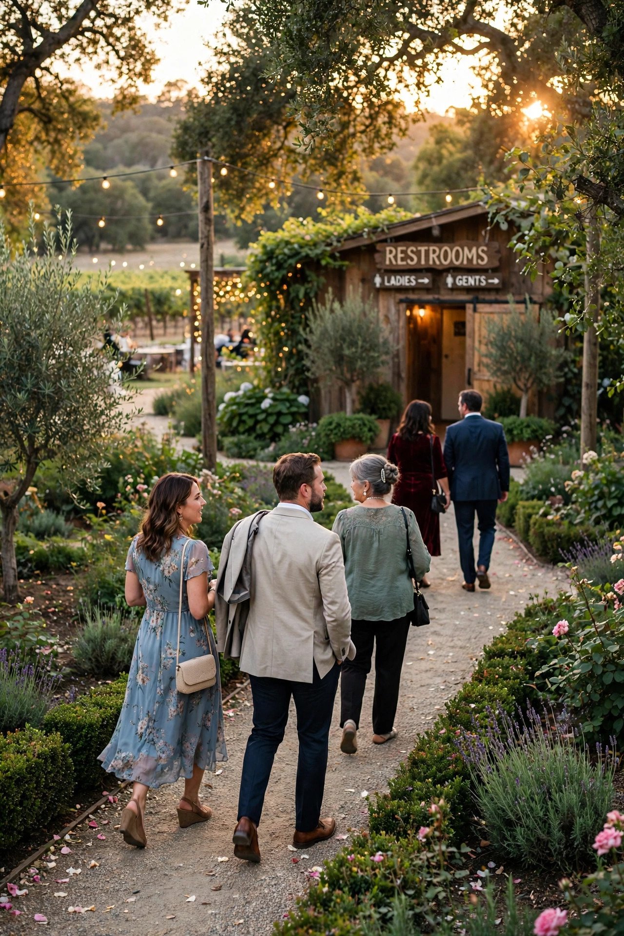 Restrooms May Be a Walk — wedding guest etiquette illustrated