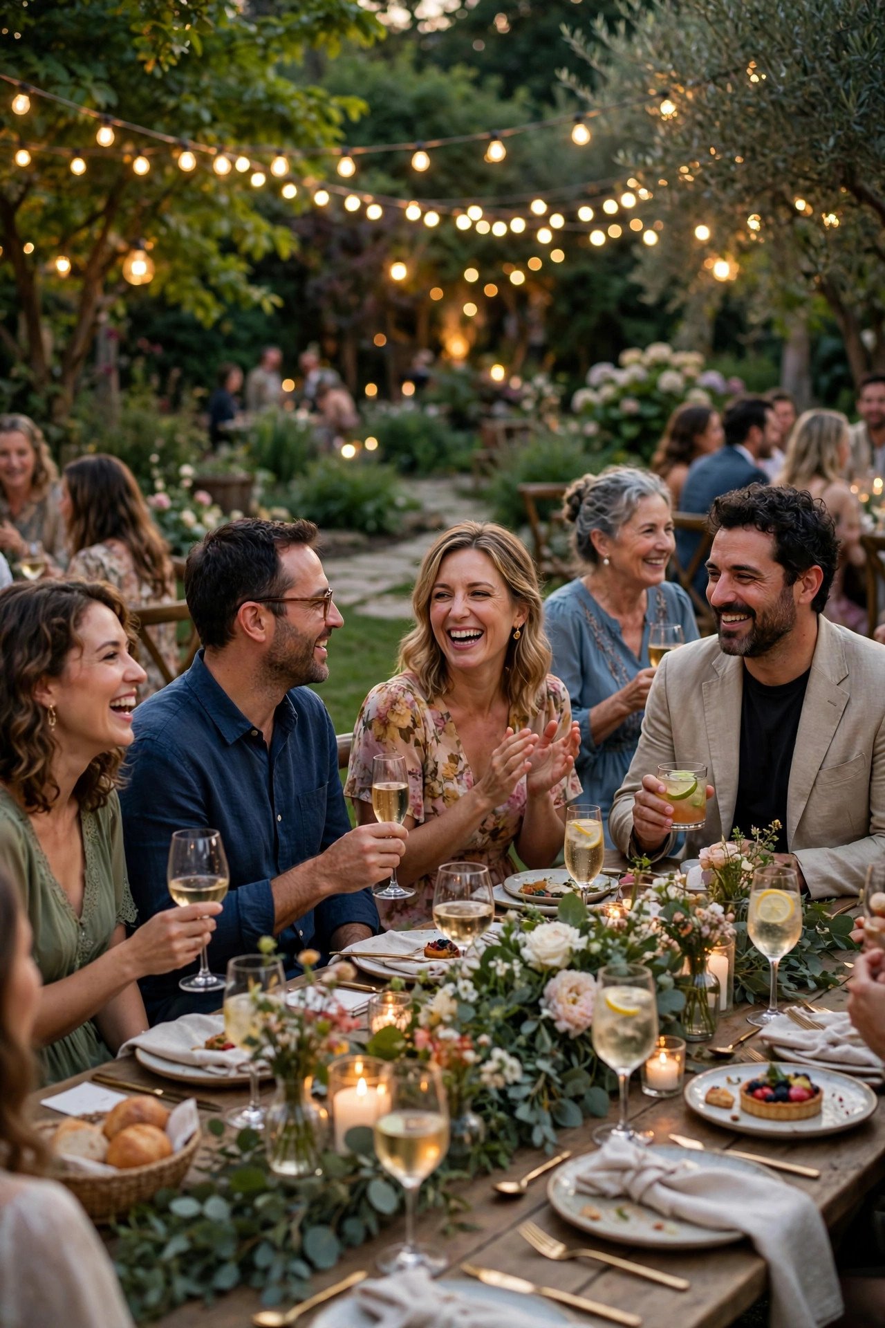 Wedding guests enjoying a garden outdoor wedding celebration under string lights