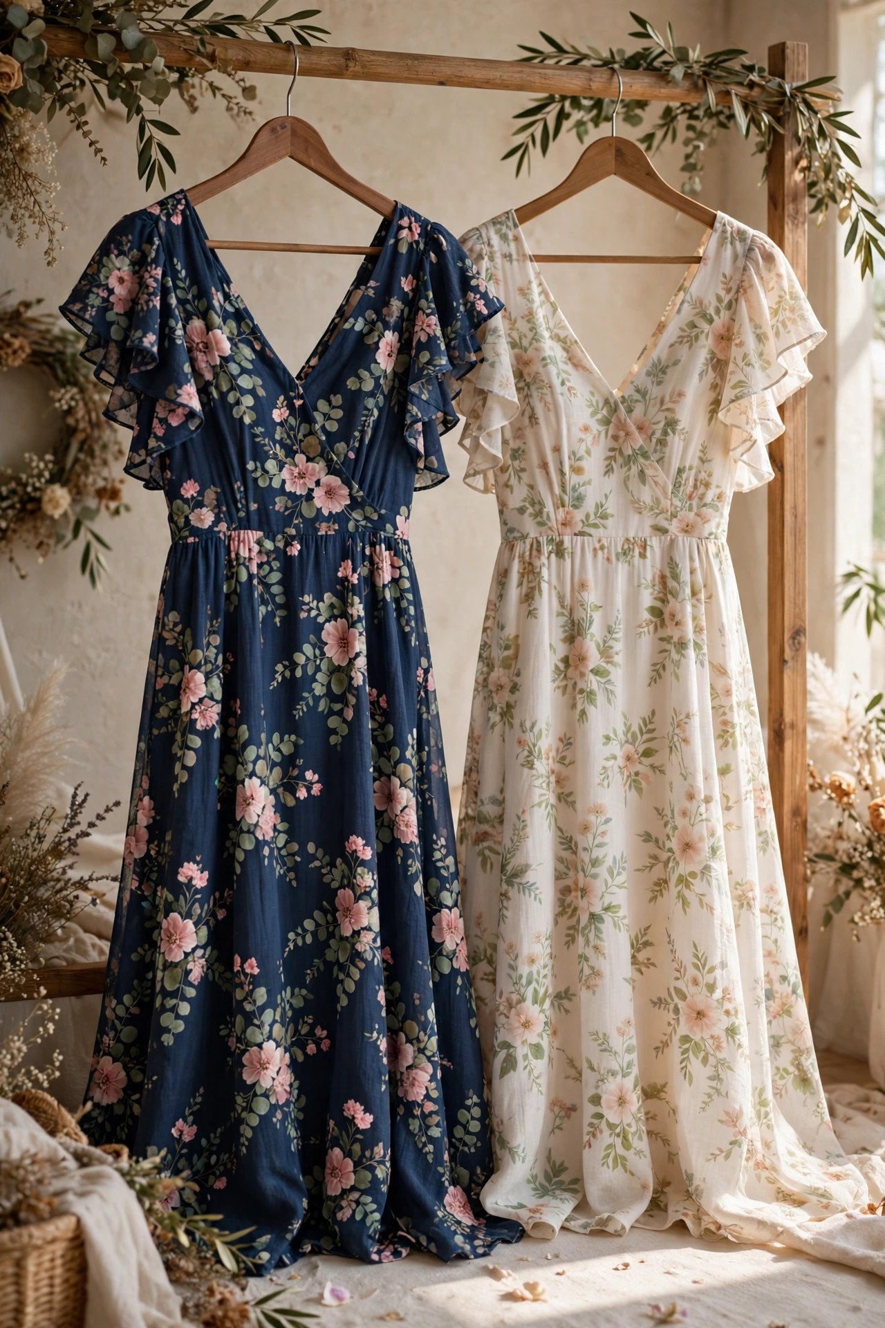 Floral dress on a navy base beside one on a white base