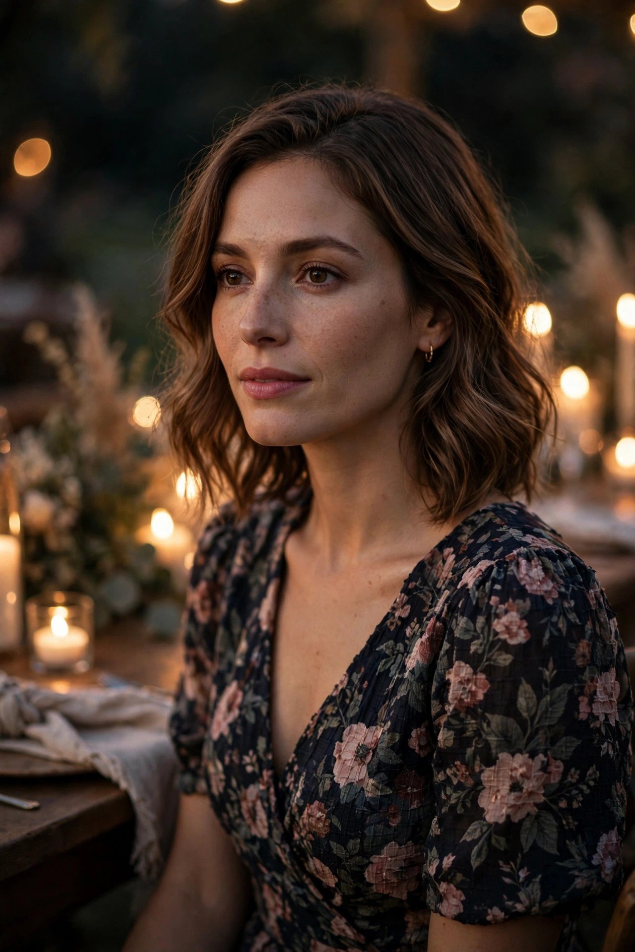 Dark-based floral dress at a candlelit evening reception