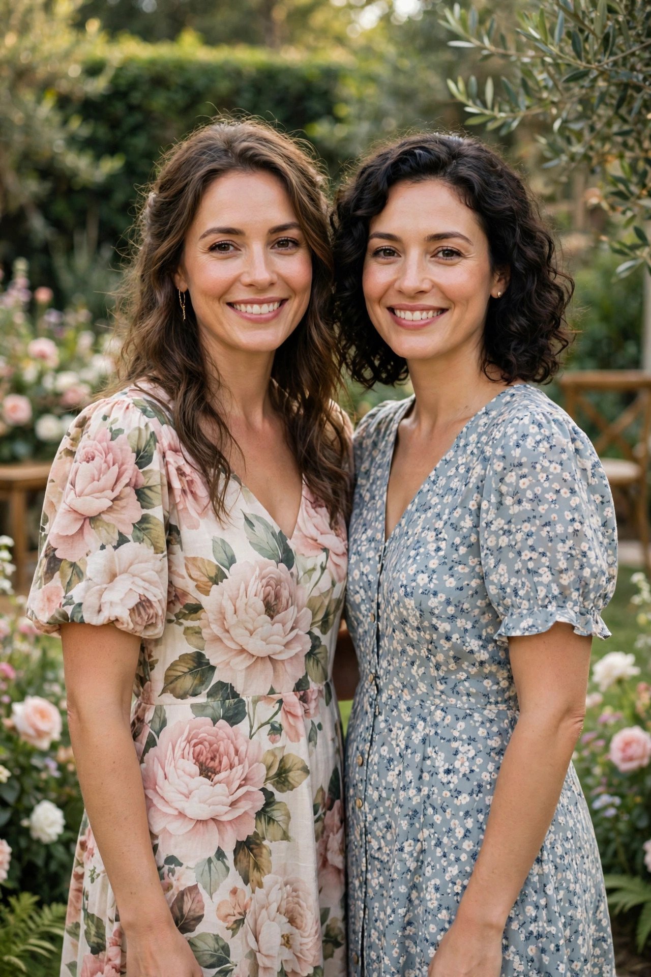 Large-bloom floral dress beside a ditsy print dress