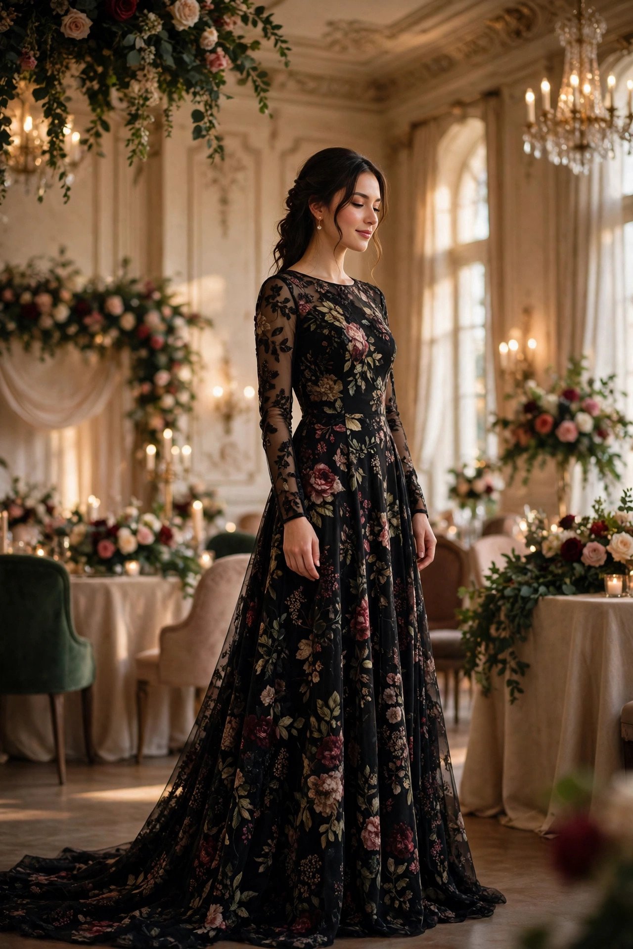 Floor-length dark floral gown at a black-tie wedding