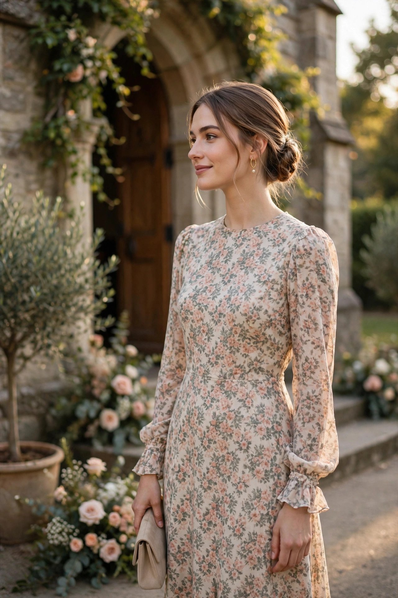 Guest in a modest floral dress outside a church