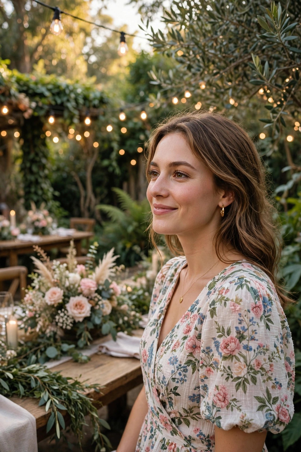 Guest in a floral dress at a garden wedding reception