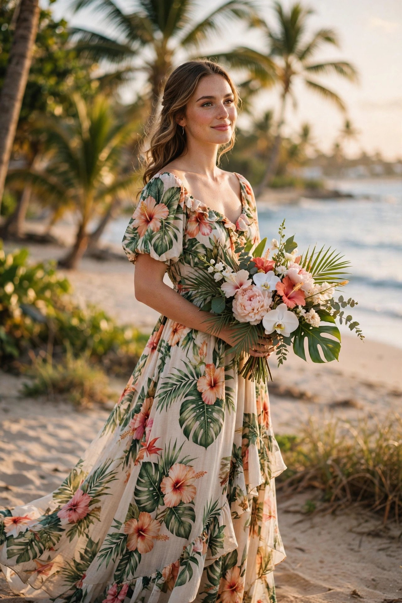 Flowing tropical floral maxi dress at a beach wedding