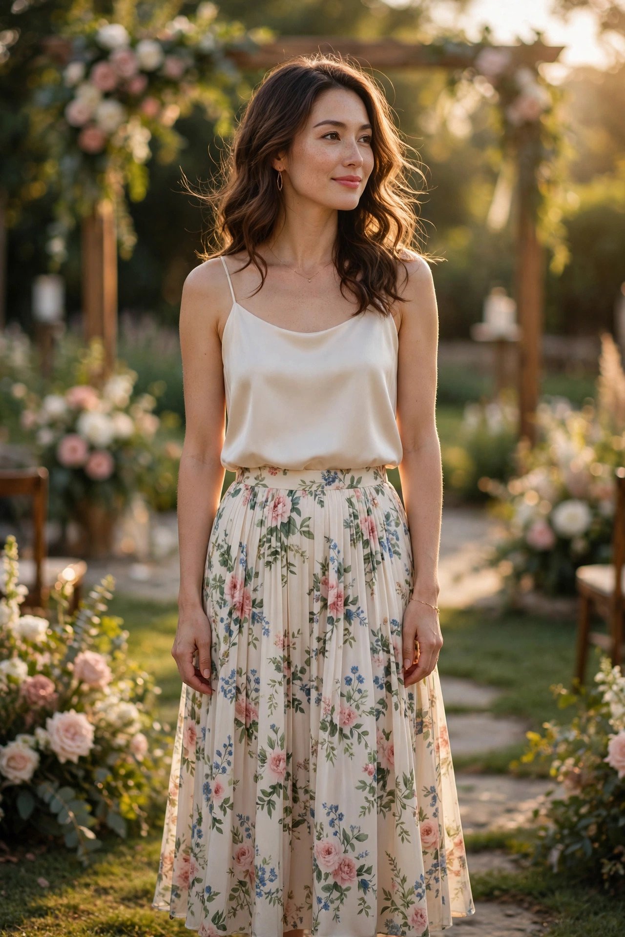 Floral skirt paired with a plain silk top