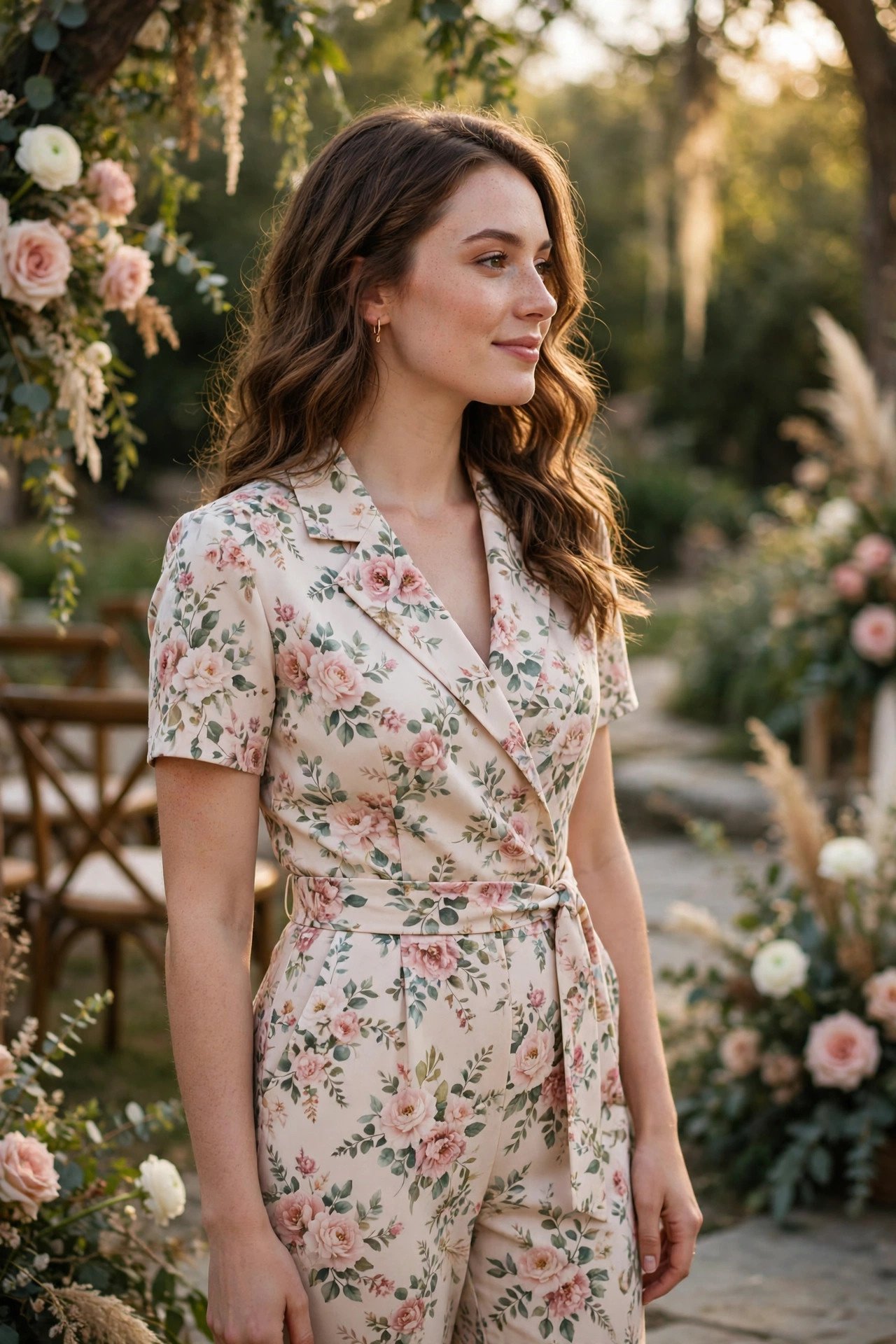 Tailored floral jumpsuit worn by a wedding guest