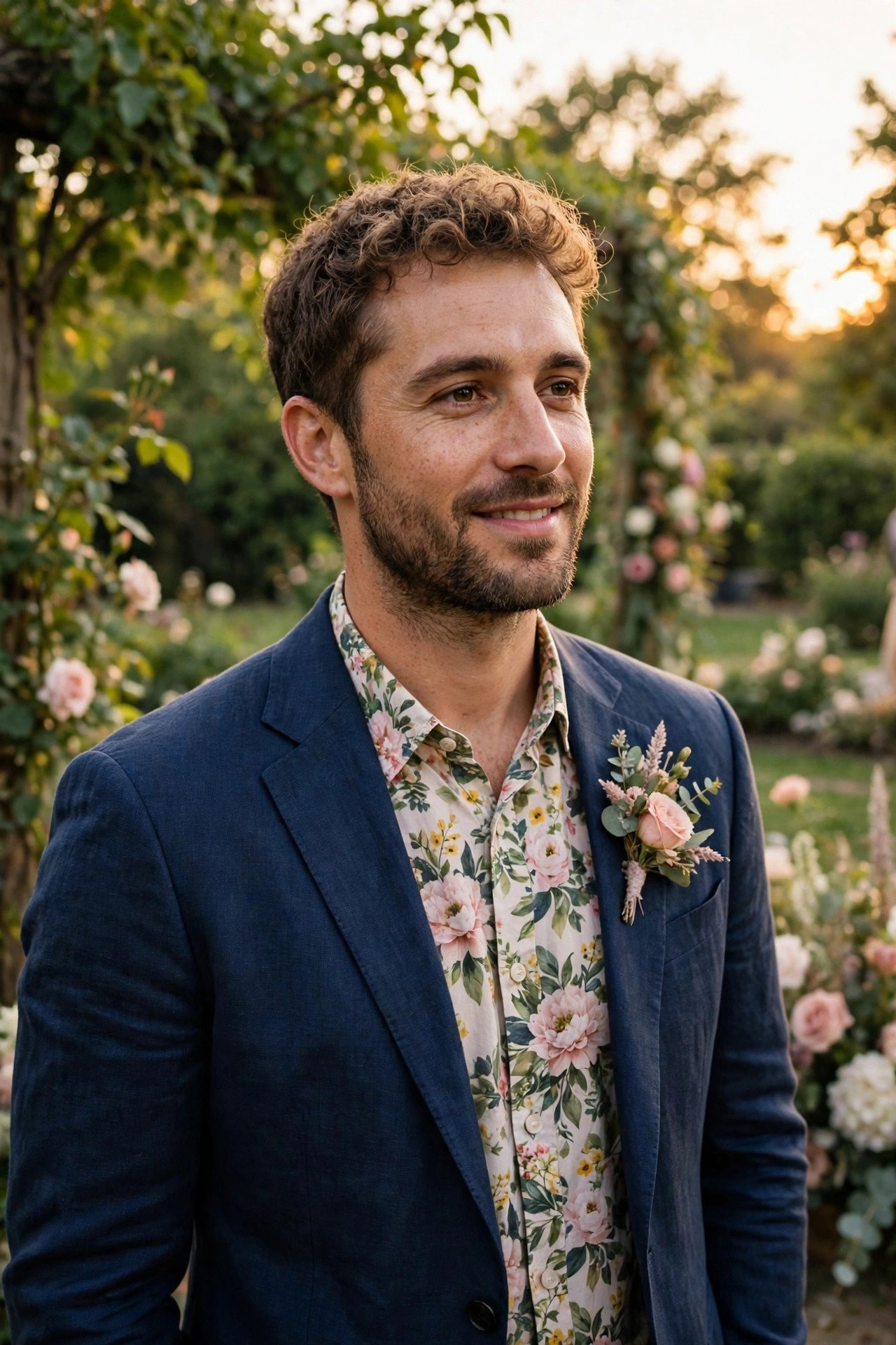 Guest in a blazer with a floral shirt at a garden wedding