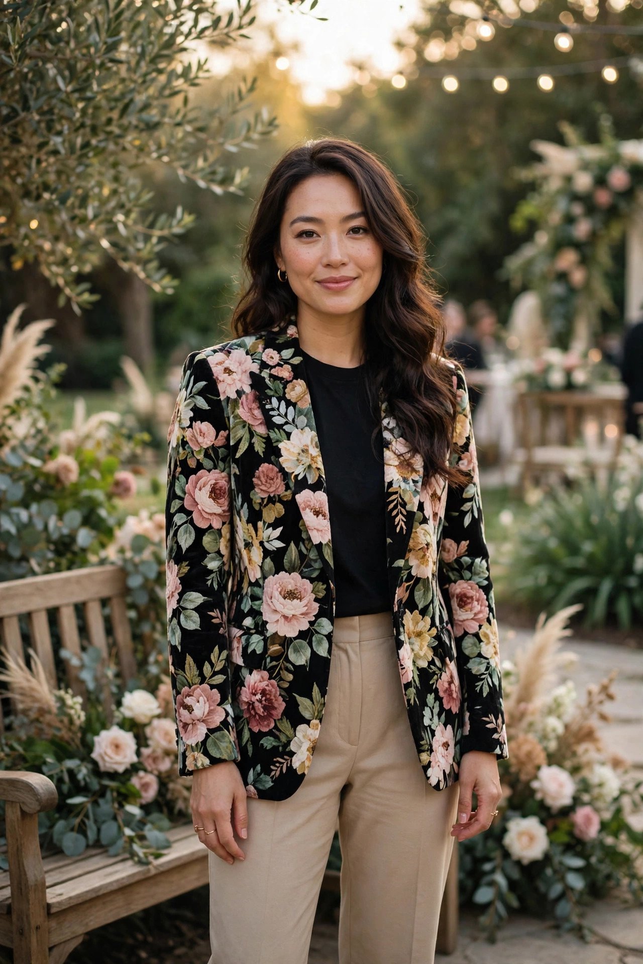 Guest wearing a floral blazer with plain trousers