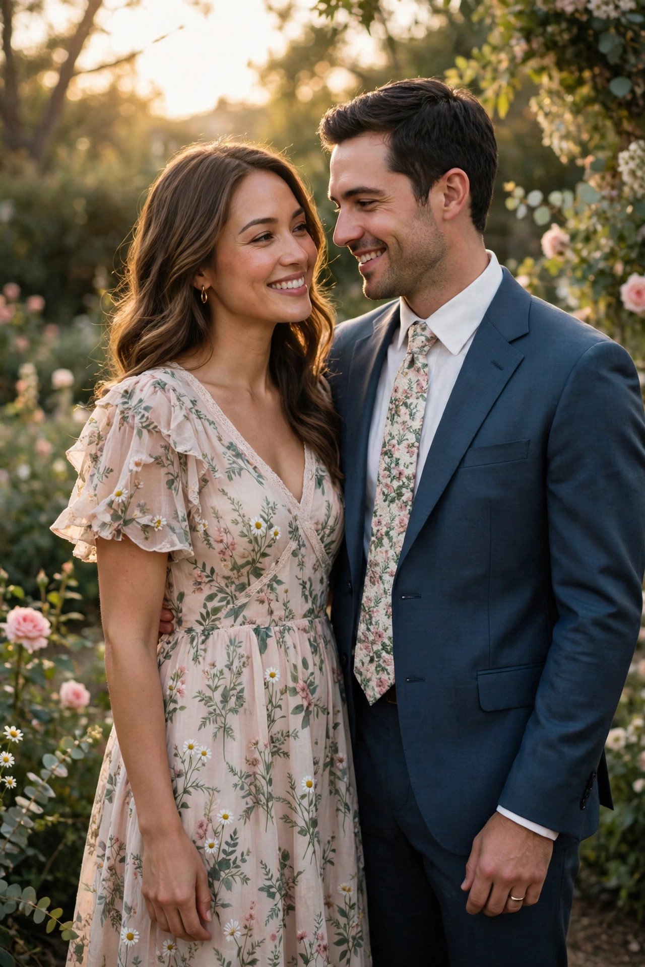Couple with a floral dress and matching accent tie